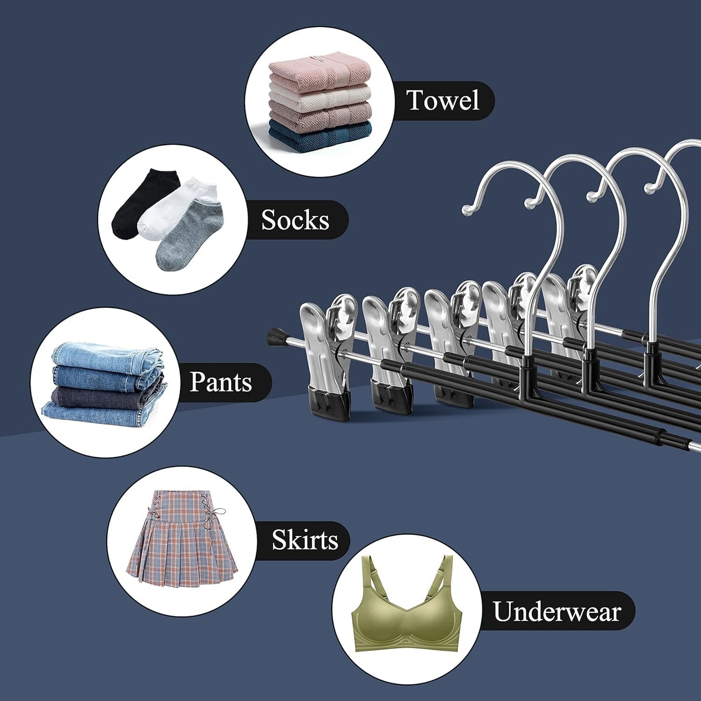 HWAJAN Pants Hangers with Clips 60 Pack Adjustable Skirt Hangers for Women Non-Slip Trousers Hanger for Jeans Clothes Hangers for Pants Heavy Duty Space Saving Shorts Hangers,Black,12Inch