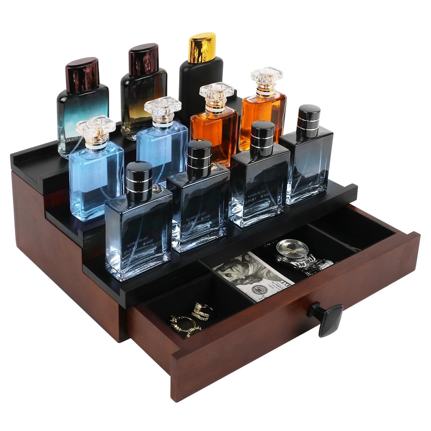TIRYIUOU Cologne Organizer for Men, 3 Tier Wooden Cologne Stand for Men, Perfume Organizer Display, Cologne Shelf with Drawer and Hidden Compartment, Gift for Men