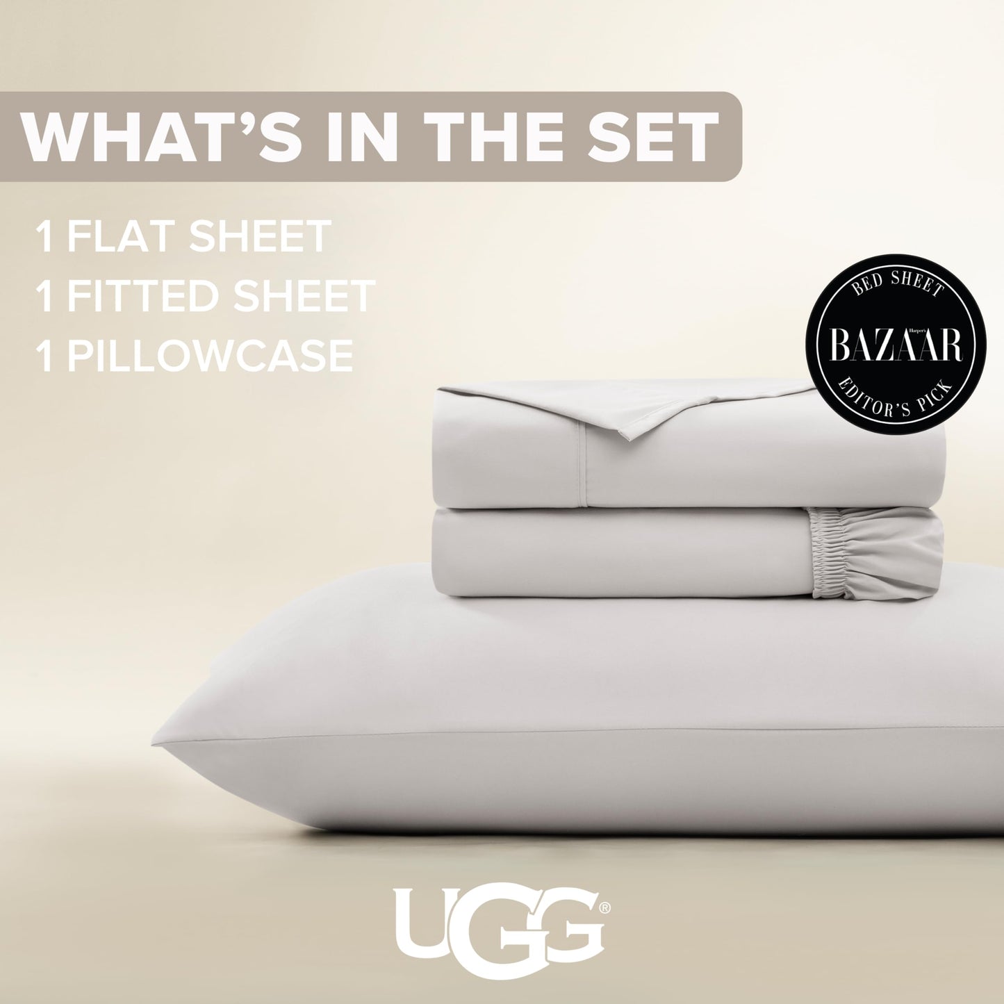 UGG Hedi Twin Sheet Set 3-Piece Luxury Cooling Sheets Deep Pockets Premium Bedding with 1 Pillow Sham Hypoallergenic Machine Washable Soft Lightweight Bed Set for Dorm or Kid Bunk, Twin, Stone Grey