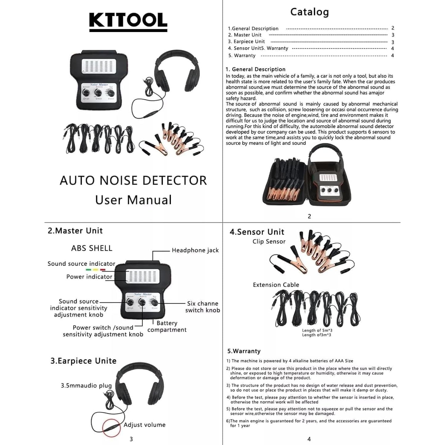 KTTOOL Chassis Ears Automotive Engine Noise Finder, 6 Channel Car Sound Detector Tester Tool Set, Electronic Stethoscope Diagnostic Kit with Headphones