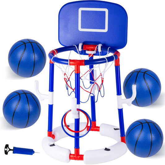 EXCECAR 2-in-1 Floating Pool Basketball Hoop Set,Blue Swimming Pool Basketball Hoop with Backboard,Stable Water Basketball Hoop for Pool Party Fun & Outdoor Family Games