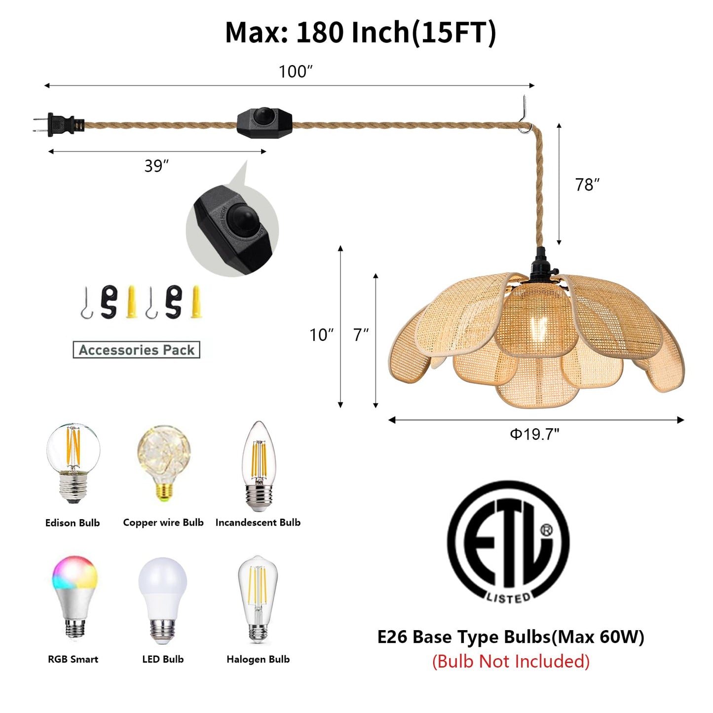 Haolaike Boho Plug in Chandeliers Rattan Hanging Lights Flower Pendant Light with On/Off Switch 15ft Hemp Rope Cord Handwoven Lampshade Bedroom Flower Hanging Lamp Fixture for Dining Room Living Room