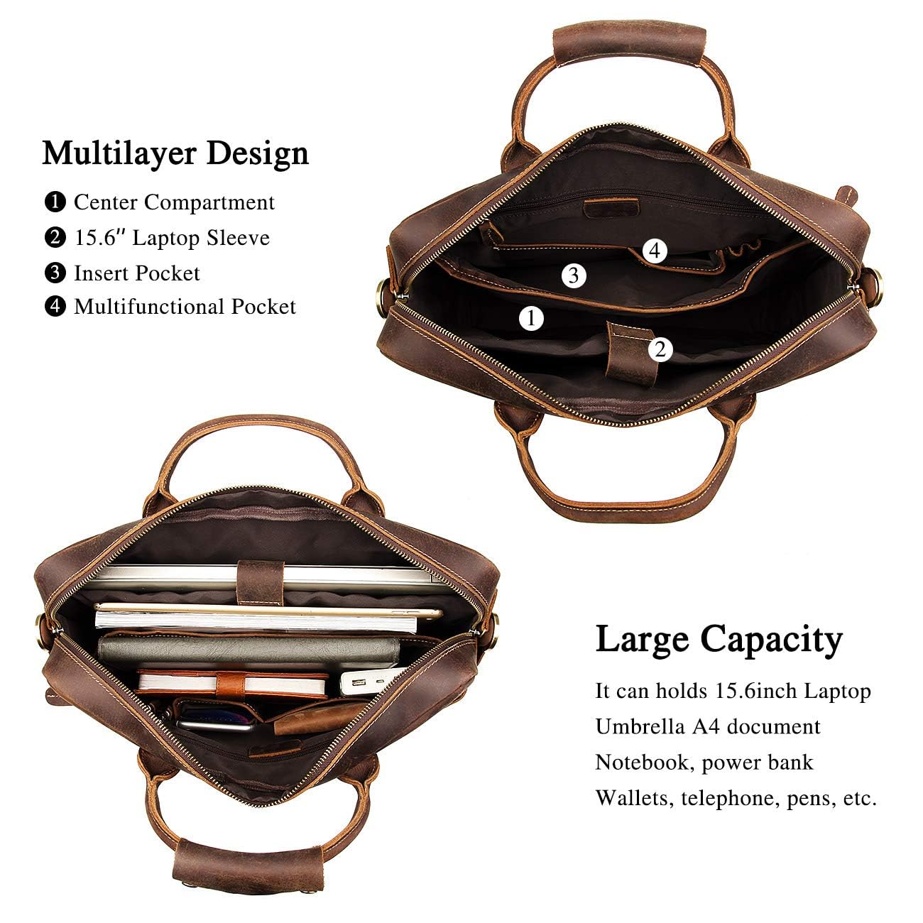 Augus Leather 16" Laptop Briefcase for Men Shoulder BagTravel Messenger Work Business Duffle Bags With YKK Metal Zipper