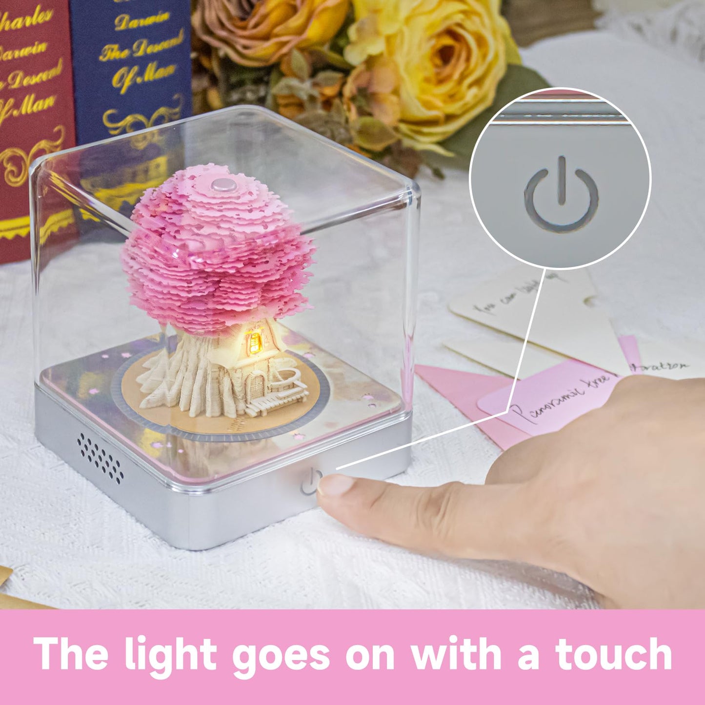 Buladle 3D Tree memo Pads Paper Desk Calendar with Light,DIY Creative Gifts,Non-Sticky Note Pad Cubes Note Cards Stickers Post Notes for Office/Home (Pink)