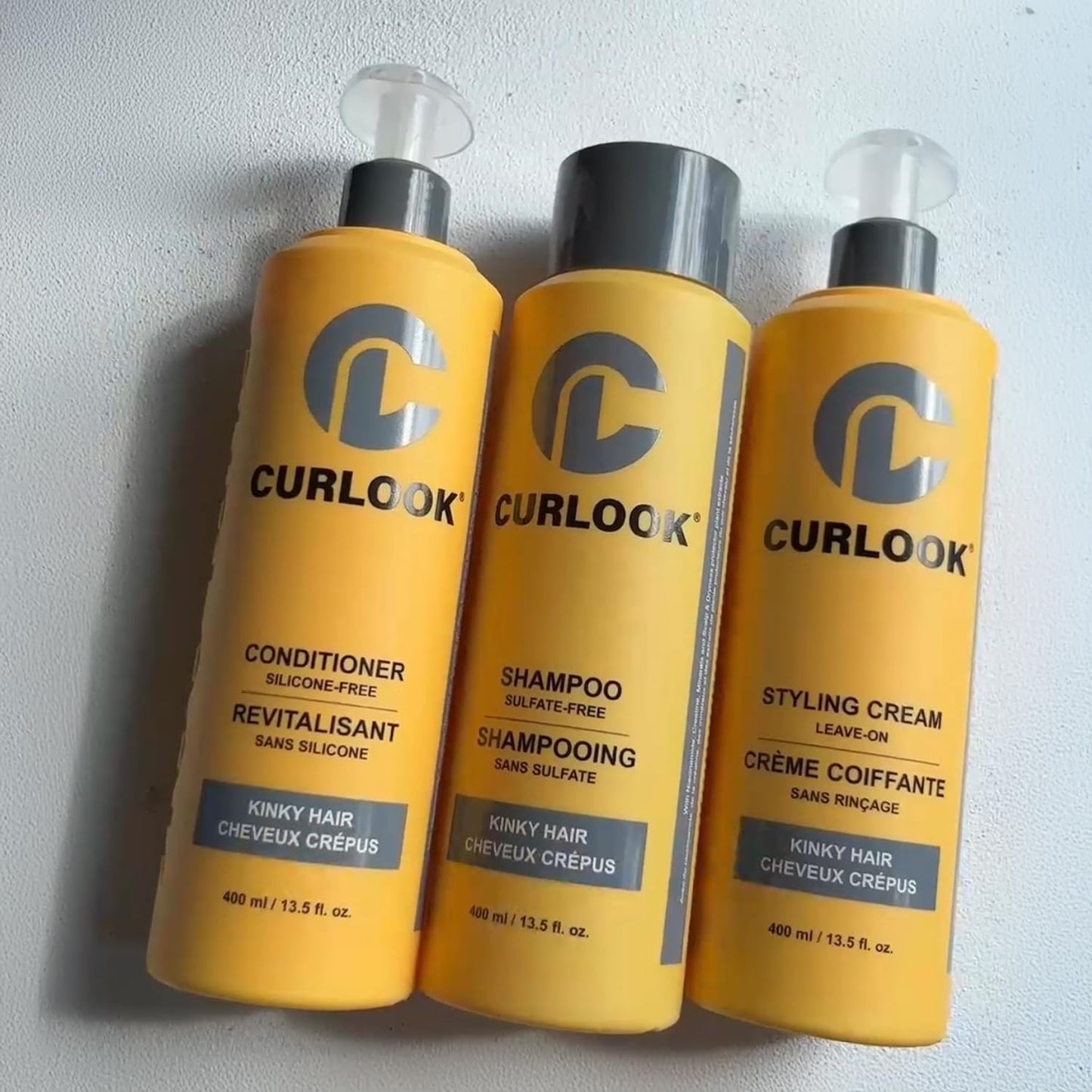 Curlook Kinky-Coily Hair Package | Shampoo, Conditioner & Leave-In Styling Cream Set | Sulfate-Free, Silicone-Free | 400ml (13.5 oz) Each Bottle | Made in Canada Curly Hair Products | Pack of 3