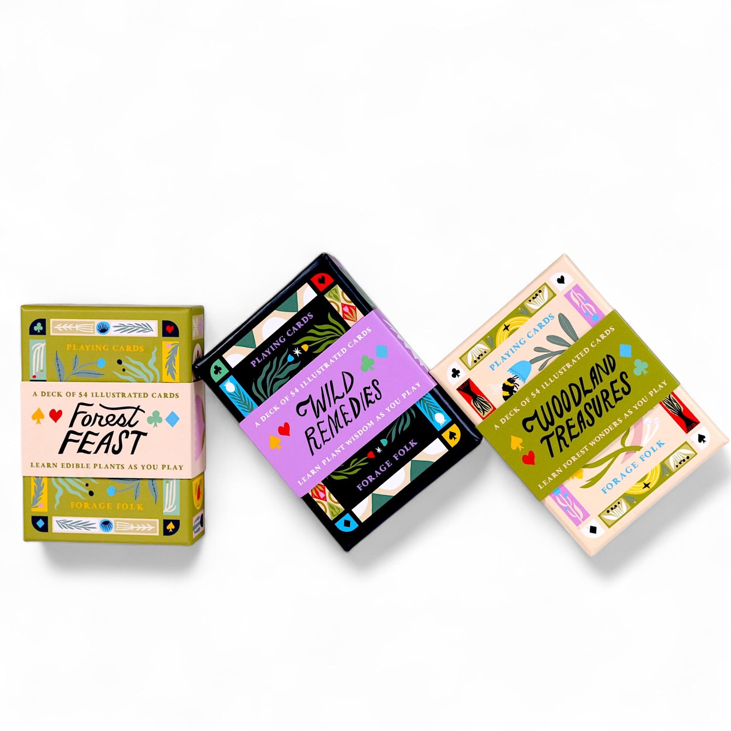 Wild Card Series Trilogy Set | 3 Botanical Playing Card Decks — Wild Remedies, Forest Feast & Woodland Treasures | Learn Nature as You Play | Hand-Illustrated | Includes 20 Classic Games Booklet