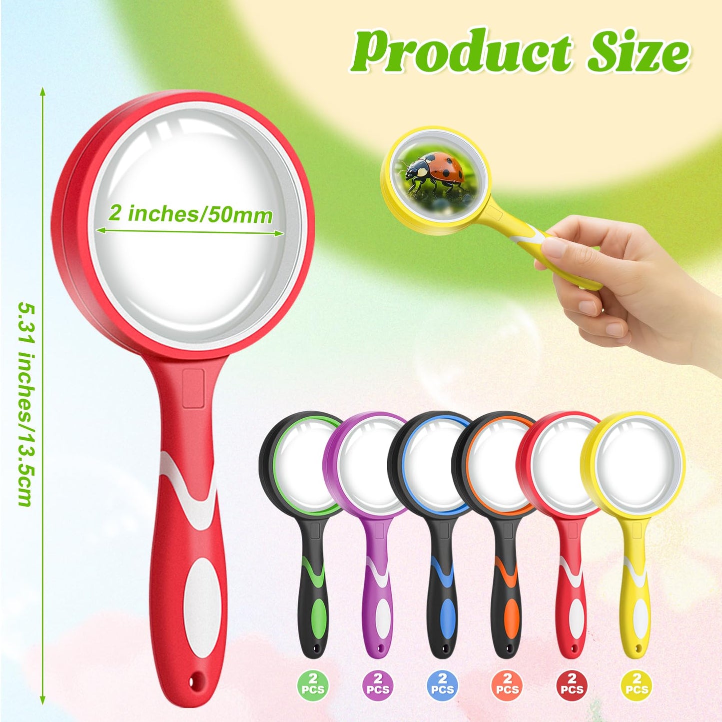 Leffis 24 Pack Magnifying Glass, 50mm 10X Glasses Lens Reading Magnifier for Kids and Seniors, Non-Slip Handheld Magnifying Glass for Close Work, Nature Exploration