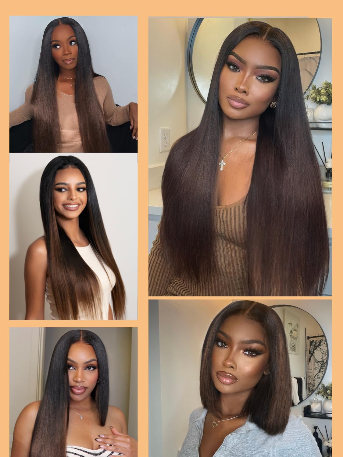 Nadula V Part Yaki Straight Glueless Wig Human Hair Balayage Brown Upgraded U Part Wigs, Highlight Straight V-part Wigs V Shape Clip in Half Wig No Glue Wear and Go No Leave Out 16inch