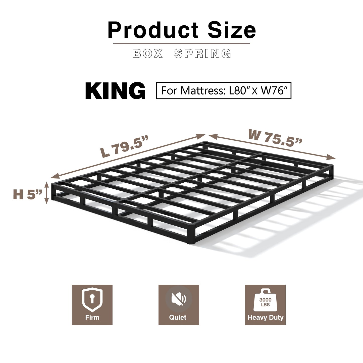 Tusonac 5 Inch Heavy Duty Metal King Box Spring Mattress Foundation, 3000lbs High Capacity Bed Base with Non-Slip Support, No Noise Structure, Easy Assembly, Durable Fabric Cover, Black (King)