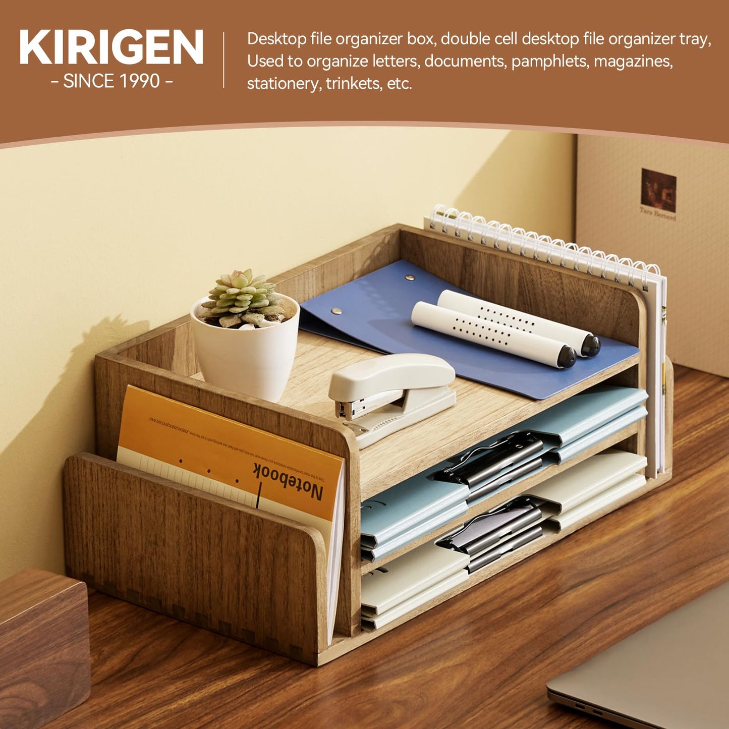 KIRIGEN Wood Desk Organizer 5 Trays, 3-Tier Desktop Document Letter Tray with Side Slots, Fully Assembled Mail Sorter and File Folder Holder for Home Office, Brown 2TP-DBR