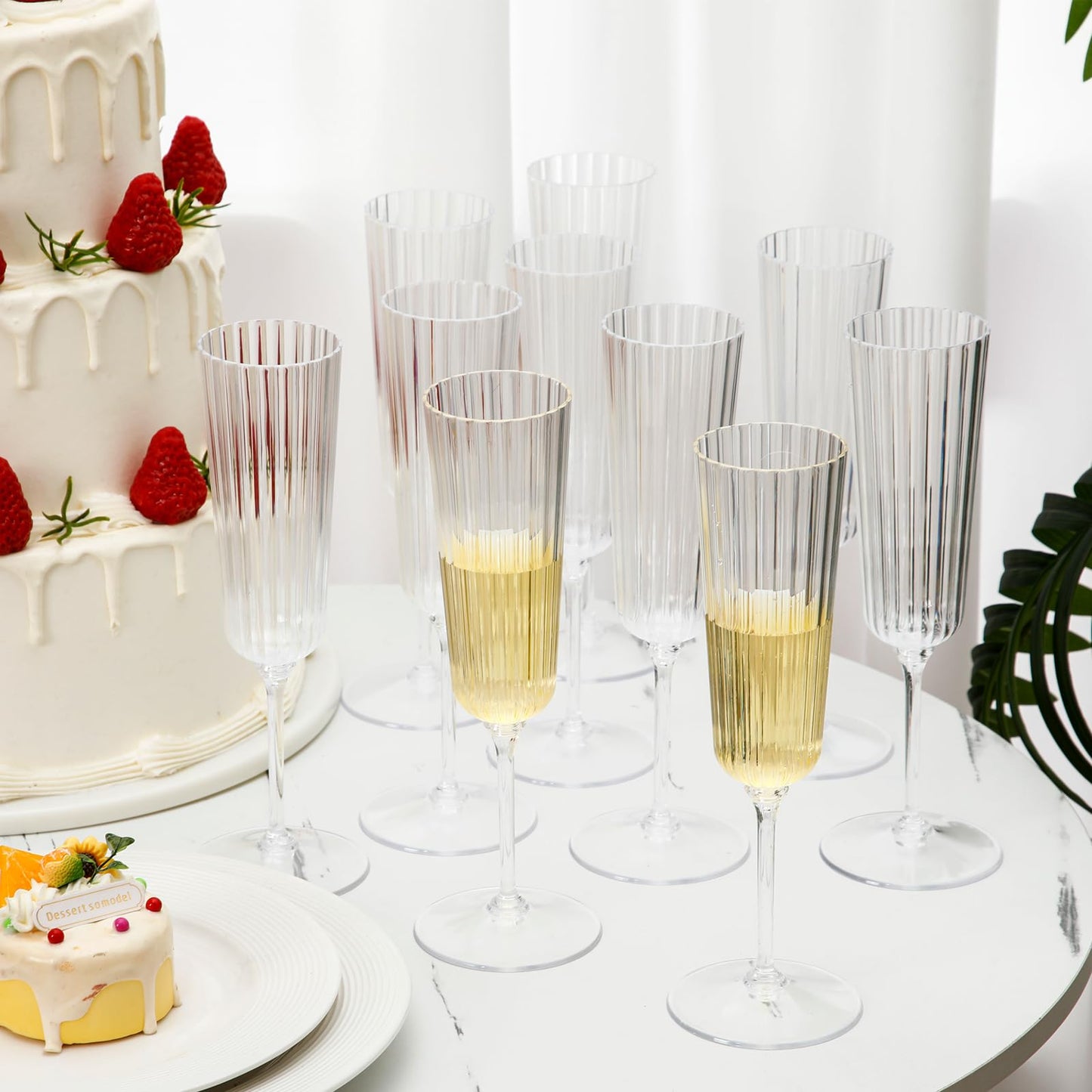 Jingmore 48 Pcs Plastic Ribbed Champagne Flutes With Stem, 6.4 oz Clear Vintage Disposable Champagne Glasses for Wedding Birthday Anniversary (Clear)