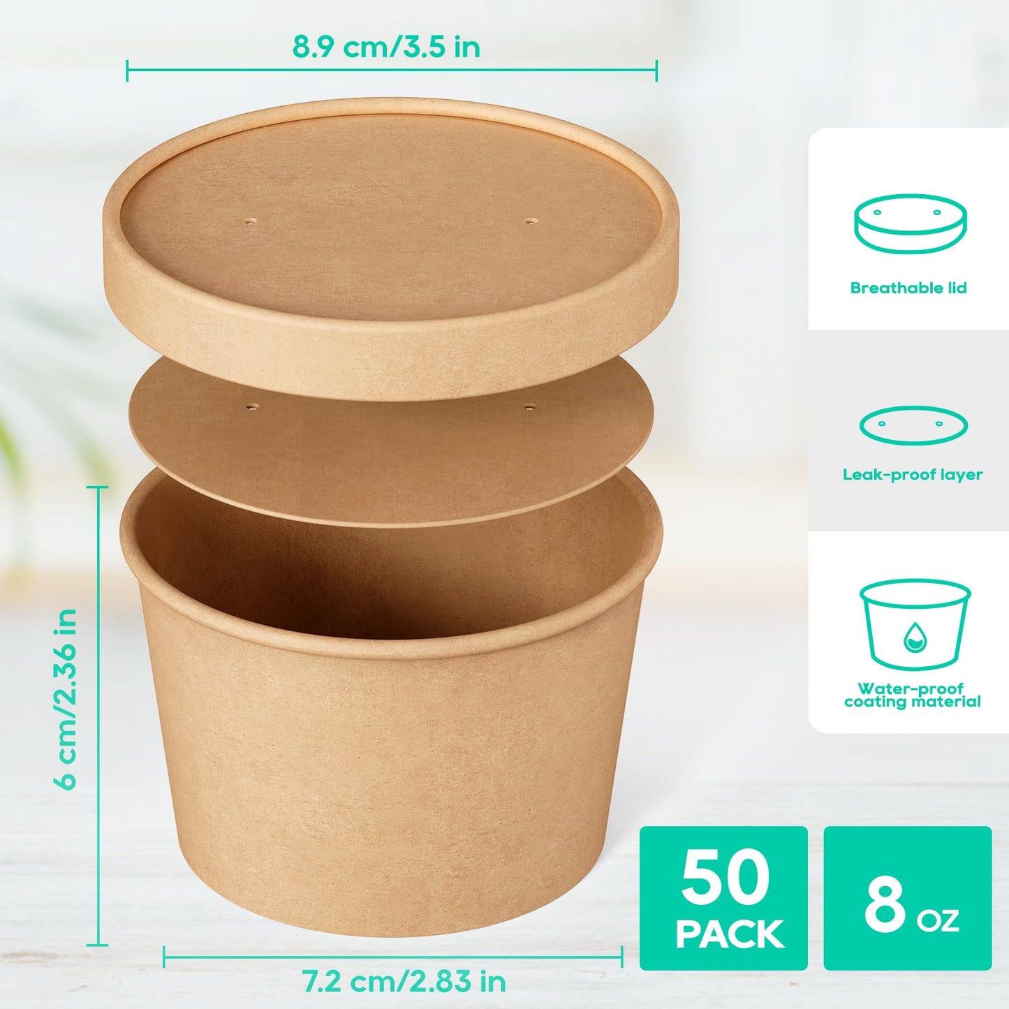 50pack 8oz Paper Soup Containers with Lids, Disposable Kraft Paper Food Cups, Ice Cream Cups, Food Storage with Lids, Microwavable and Freezer Safe, Suitable for Christmas Thanksgiving (Brown)