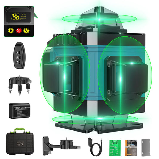 16 Line Laser Level 360 Self Leveling, 4x360°Professional 4D Green Cross Line laser Level with 2 Batteries, Adjustable Brightness & Remote Control, for Tiling Floor Construction and Picture Hanging