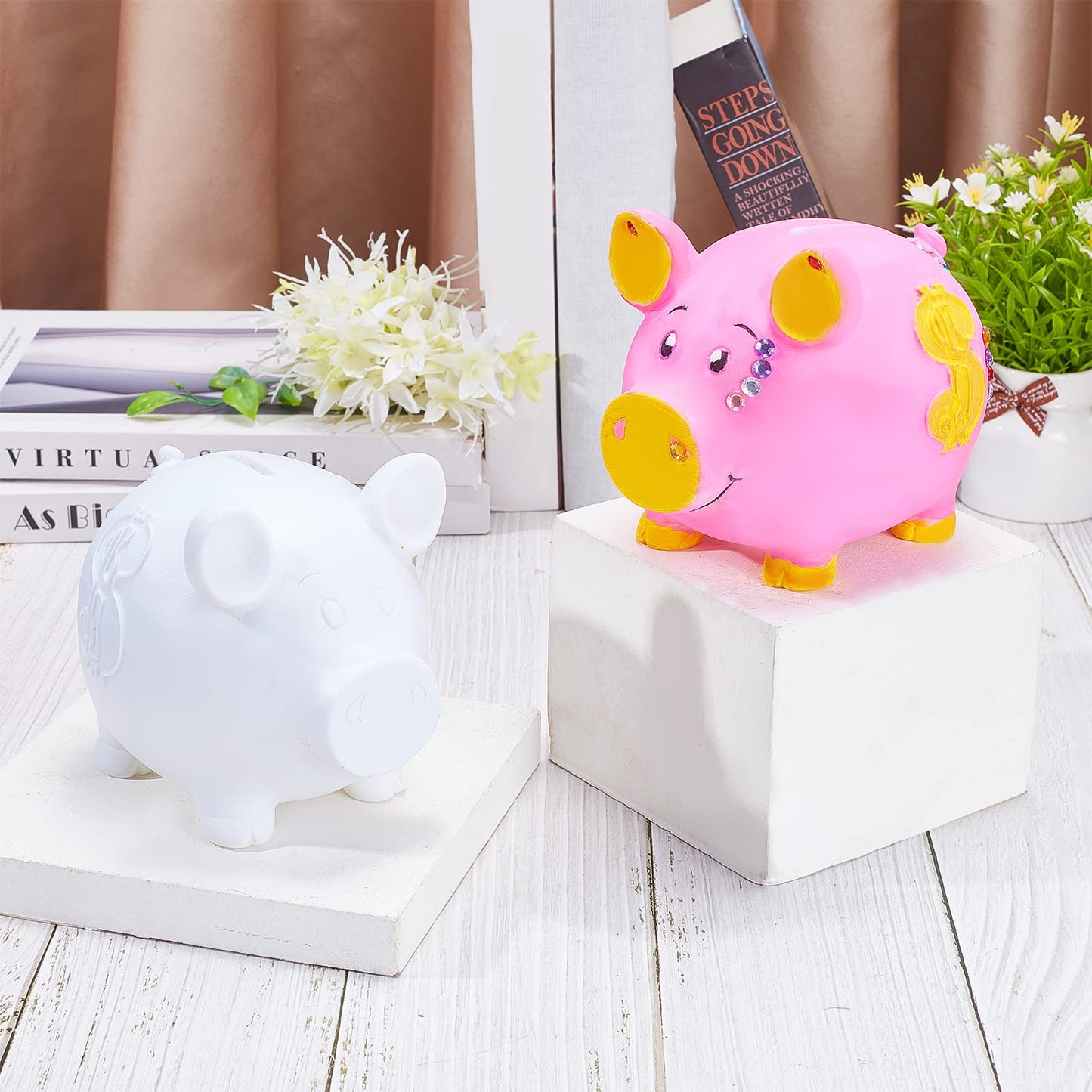 WEBEEDY Paint 2 Unbreakable Piggy Banks Money Box Craft Kit with 2 Paintbrushes, 12 Paint Colors and Stickers