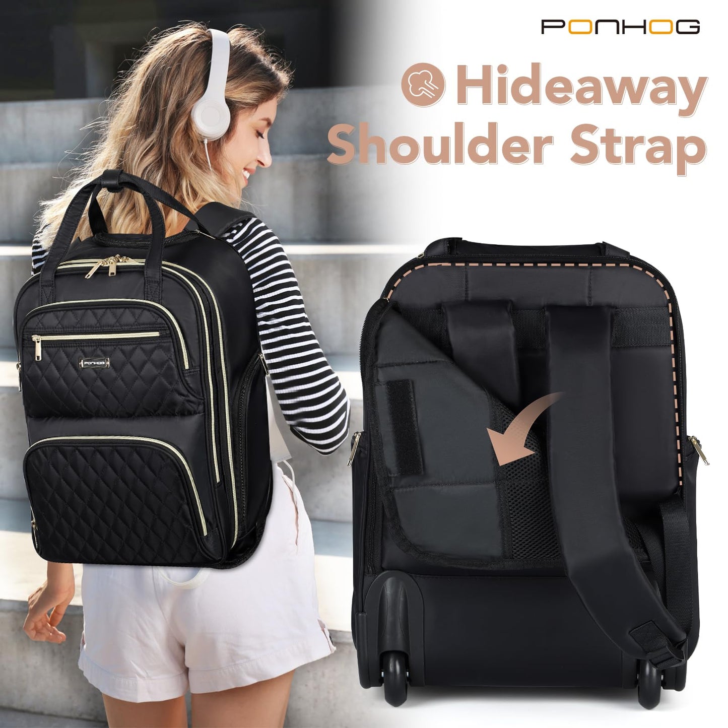 Ponhog Rolling Backpack for Women, 15.6 Inch Travel Laptop Wheeled Backpack, 30L Roller Carry on Luggage for Adults Business College Work Overnight, Stylish Personal Item Suitcase, Black