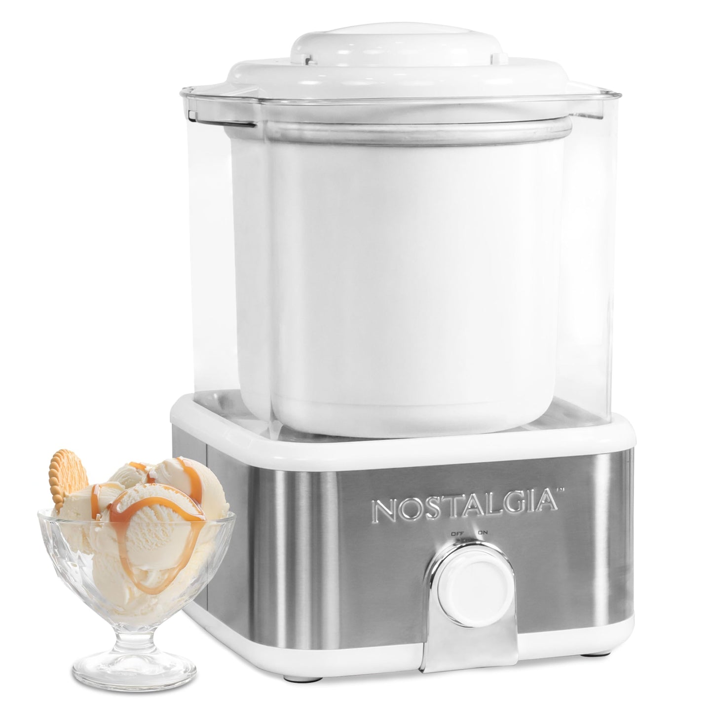 Nostalgia Electric Ice Cream Maker with 2-Qt Double Insulated Gel Canister & Stainless Steel Base - Makes Sorbet, Soft Serve, and Frozen Yogurt - White
