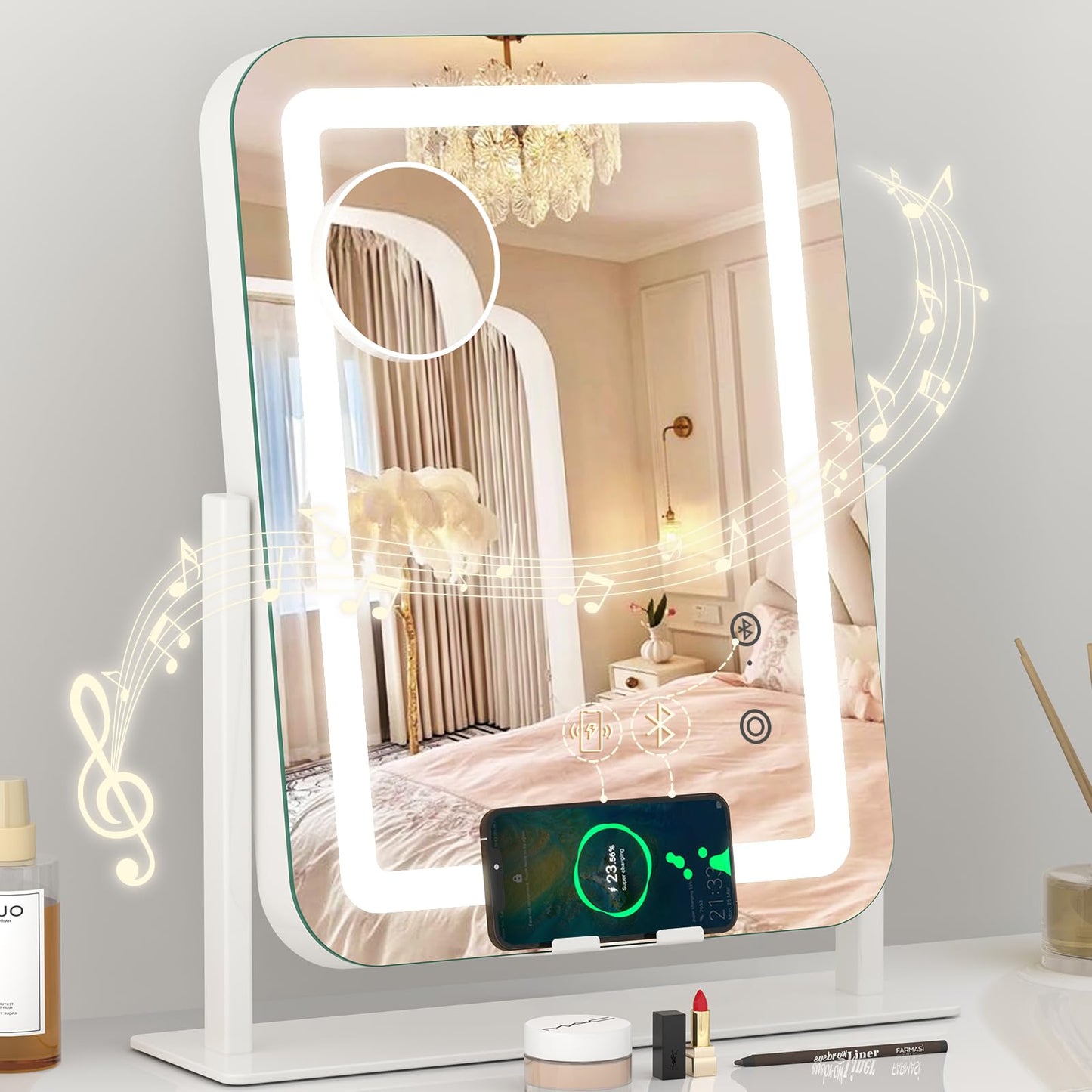 Dripex 5-in-1 Lighted Vanity Mirror with Bluetooth Speaker & Wireless Charging, 15"x12" LED Makeup Mirror with Lights 3 Colors Dimmable, Phone Holder Touch Keys 10X Magnification
