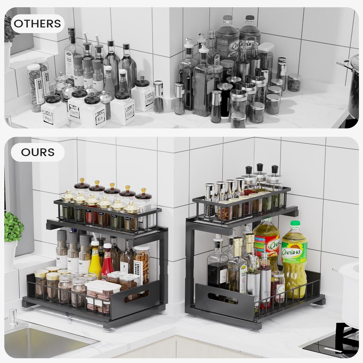 Toyear Under Sink Organizer, Heavy Duty Metal Pull Out Cabinet Organizer Slide Out Sink Shelf Organizer Height Adjustable, Multi-Purpose Storage Shelf for Kitchen Bathroom(Black,2Pack)