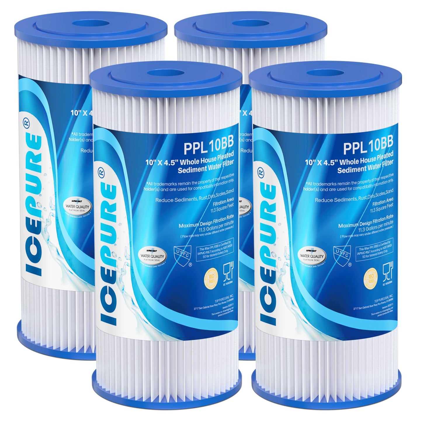 ICEPURE 20 Micron 10" x 4.5" Whole House Sediment Pleated Water Filter Replacement for GE FXHSC, Culligan R50-BBSA, Pentek R50-BB, DuPont WFHDC3001, W50PEHD, GXWH40L, GXWH35F for Well Water, 4PACK