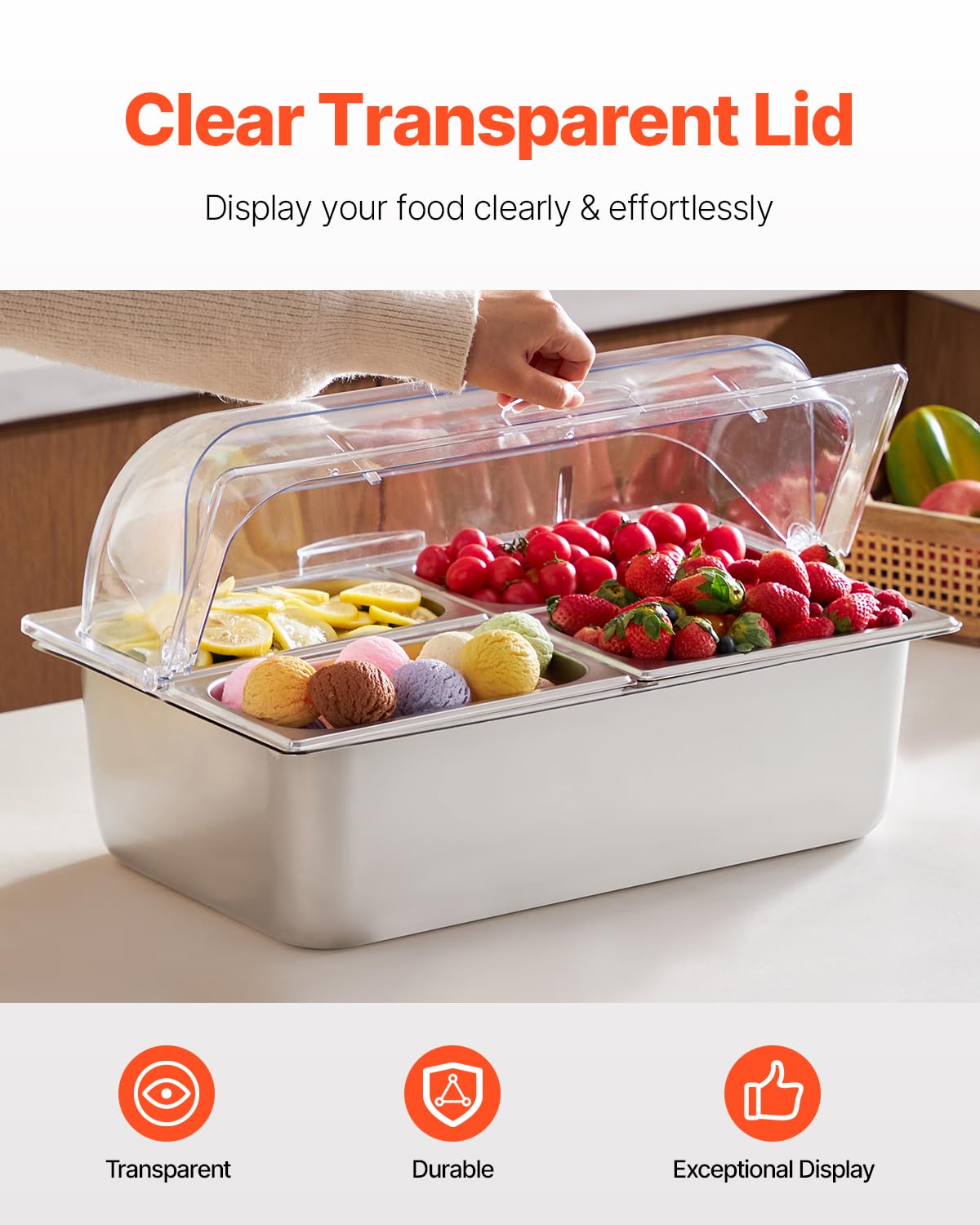 VEVOR Countertop Food Serving Display Container, 4 Pan Stainless Steel Food Serving Tray, Buffet Condiment Dispenser Display Rack with Clear Lid & 3 Freezer Boxes, for Restaurant Hotel Kitchen Party