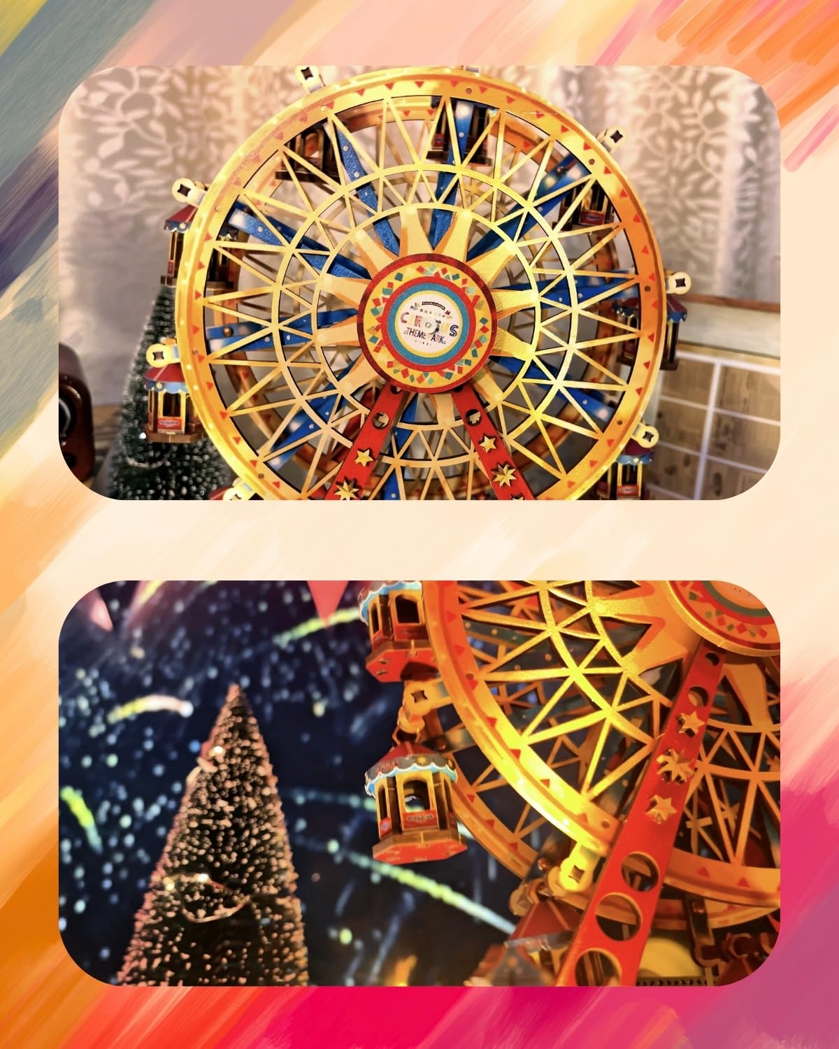 Merrifete Circus Theme Ferris Wheels Music Model Kits, DIY Miniature House Kit w/Light, Dollhouse Mini House Kit, Wood 3D Puzzles Tiny House Book Nook Christmas Halloween Birthday for Adult