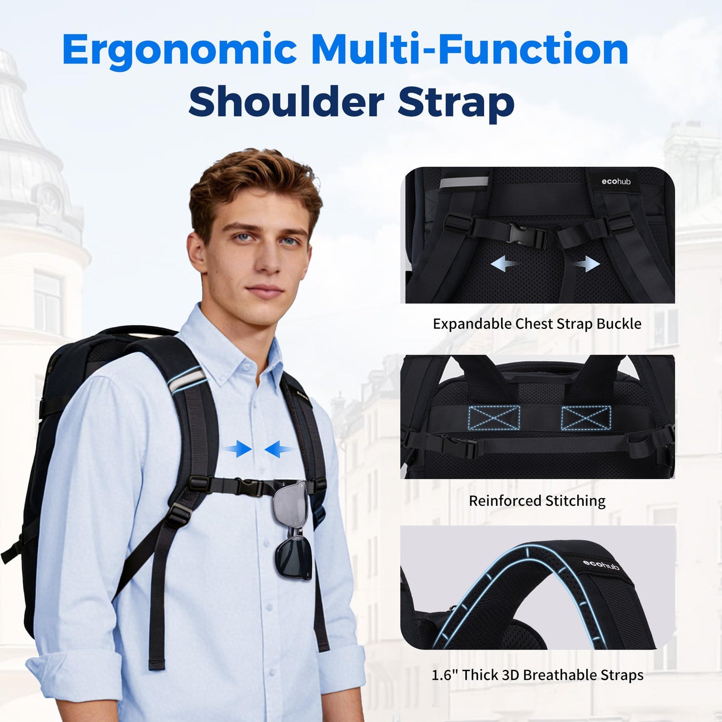 ECOHUB 19" Travel Backpack for Men Women 19x7.1x12.6 Spirit Airlines Personal Item Bag Backpack with Wet Compartment,Black