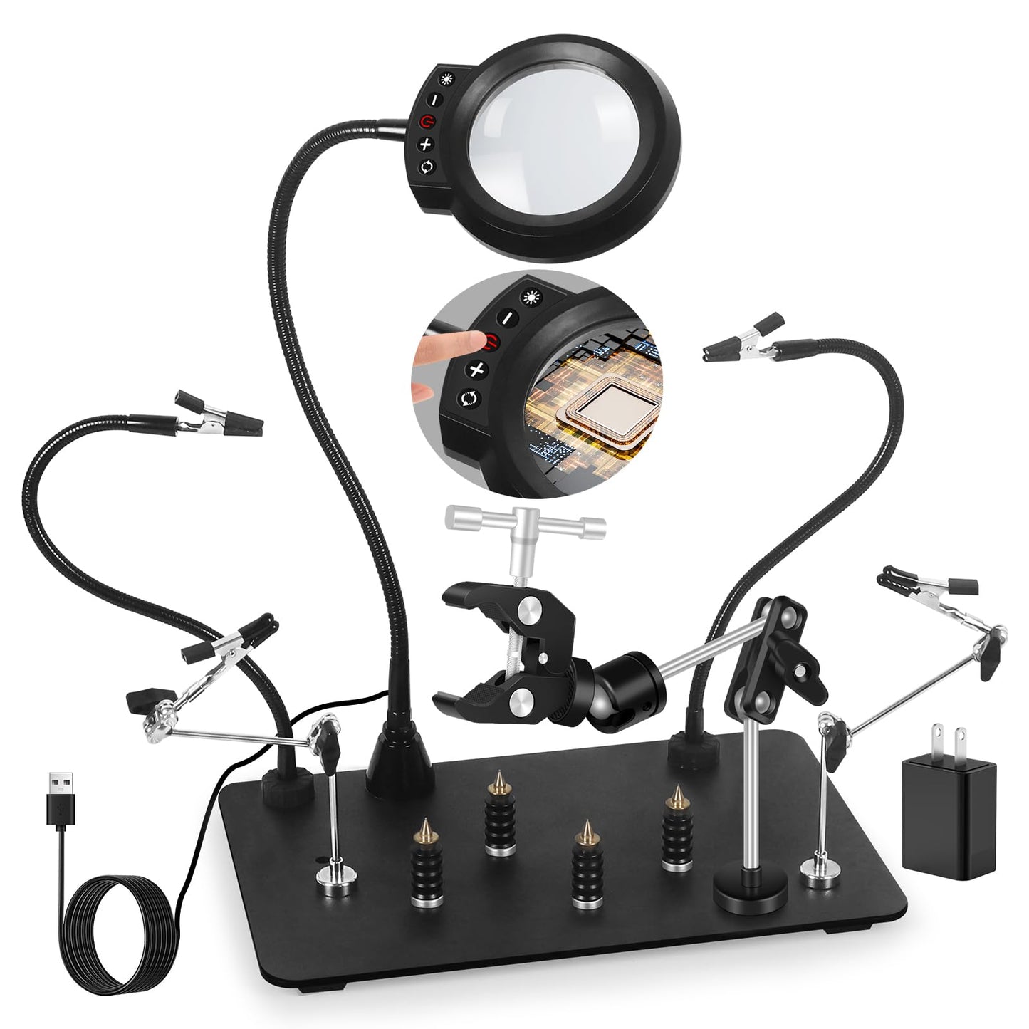 NOEVSBIG Helping Hands Soldering Station with Upgraded 5X Magnifying Lamp, 360° Soldering Clamp, 4 PCB Holders, Extra-Large Base & 4 Sturdy Flexible Arms, Hands-Free Tool for Soldering, Jewelry Crafts