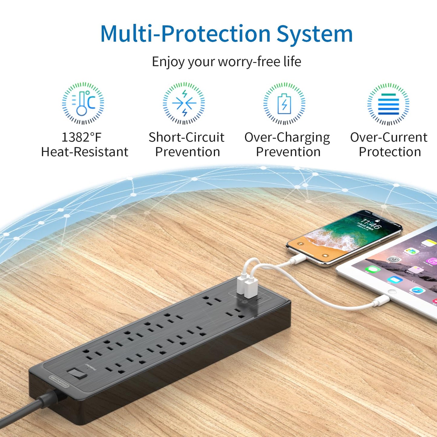 NTONPOWER 15 ft Extension Cord, Flat Plug Surge Protector Power Strip with USB, 12 Outlets Surge Protector Wall Mount, 2100 Joules, 1875W, 15A Circuit Breaker for Home Office Dorm Essentials, Black