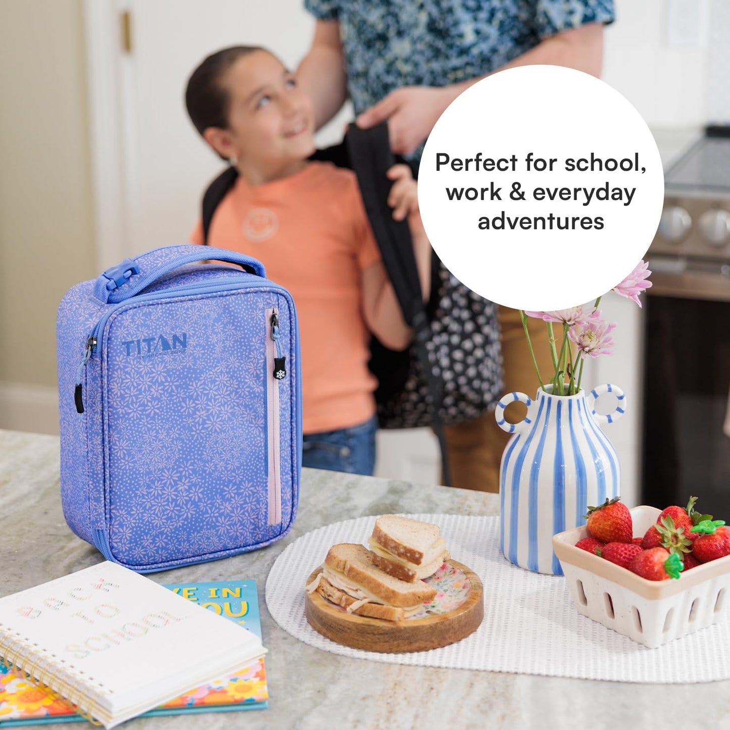 Titan by Arctic Zone Fridge Cold Lunch Box with 2 Gel Ice Packs, Small Insulated Cooler Bag with Leak Proof Lining for School and Work, Blooming Daisies
