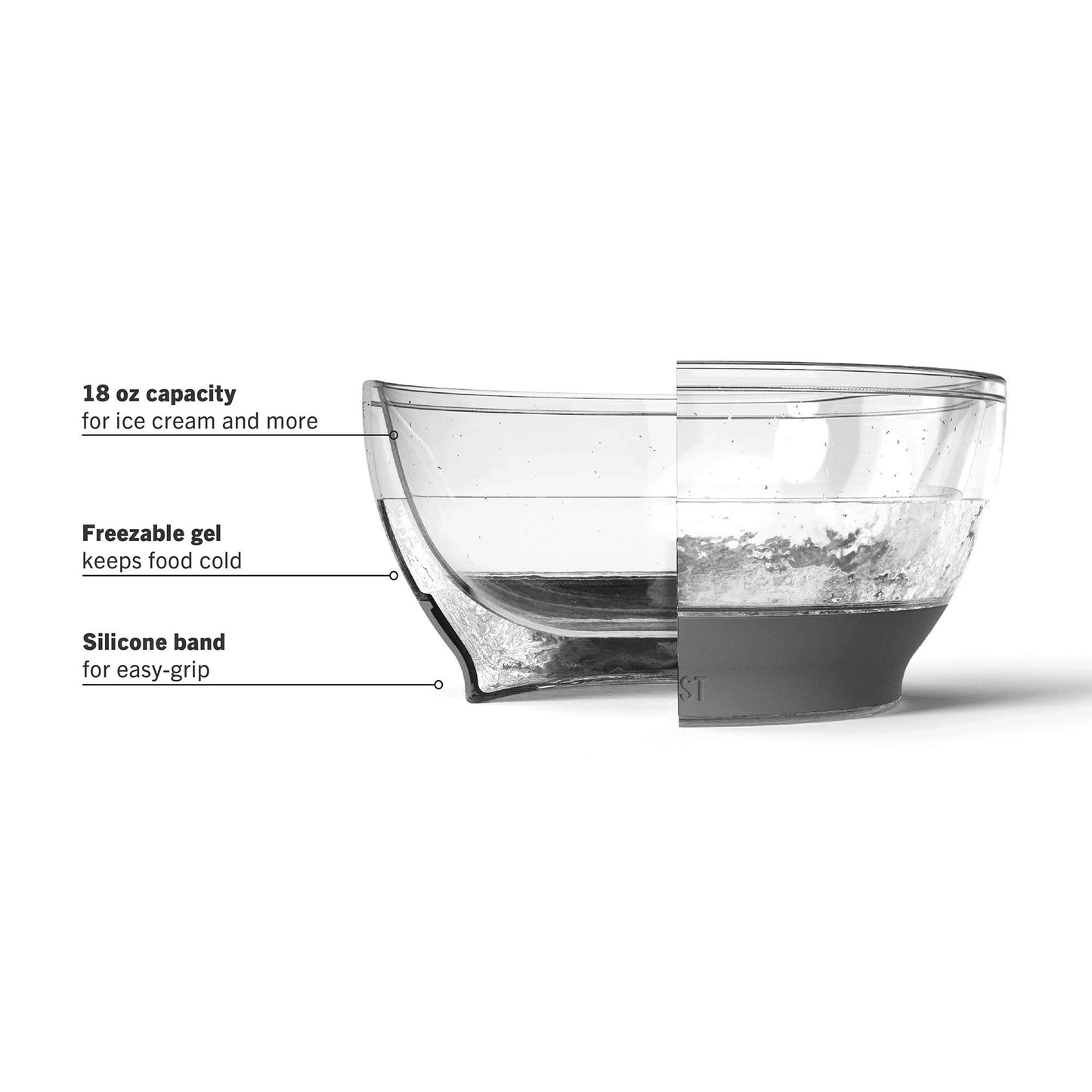 Host Freeze Ice Cream Bowls with Comfort Silicone Grip, Double Walled Insulated Bowl for Cereal, Fruit, Acai, Desserts, Outdoor Party, Kitchen Accessories, 18 oz Set of 2, Grey