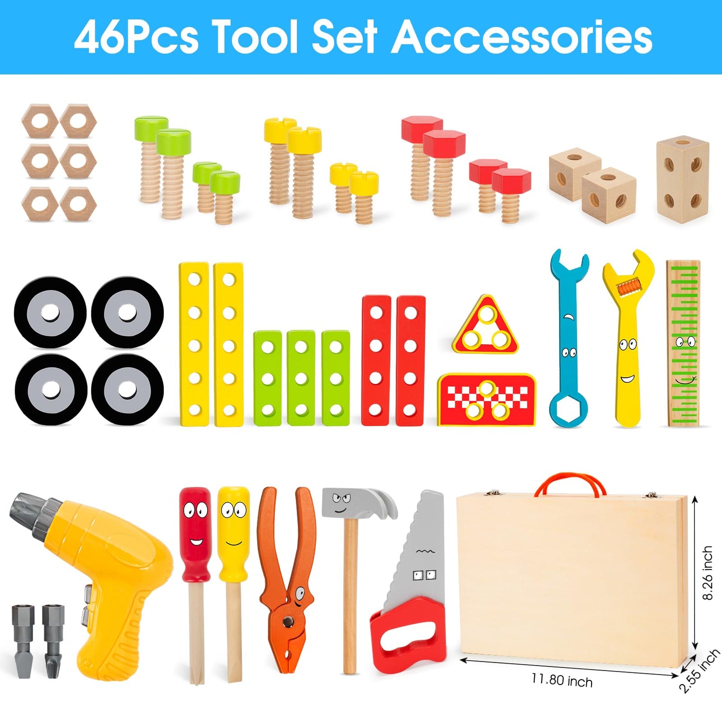 Kids Tool Set with Drill, Montessori Toys for 3 4 5 Year Old Kids, 44 Wooden Tool Kits for Toddlers, Box Included, Educational Building Toy