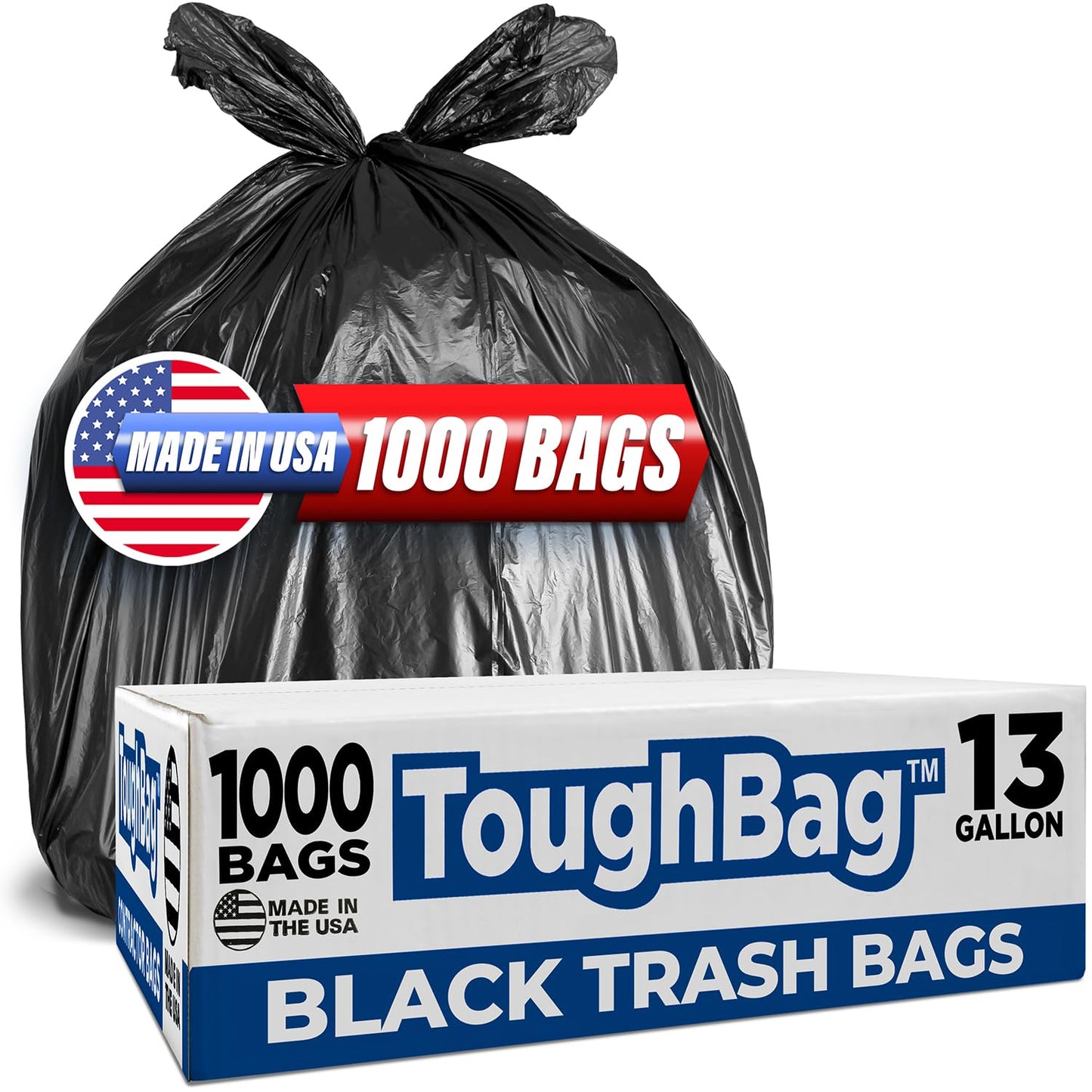ToughBag 13 Gallon Black Trash Bags, 24 x 33" Black Garbage Bags (1000 COUNT) – Bulk Trash Bag 13 Gallon Tall Kitchen 1000 - Made In USA