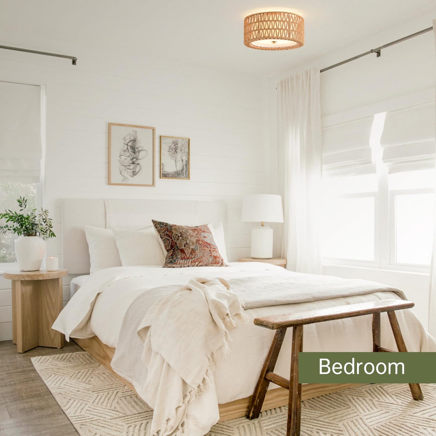 InterMaka Boho Ceiling Light Fixtures 12.6" Flush Mount Ceiling Light, Hand-Woven Rattan Light Fixture for Bedroom Close to Ceiling Light Modern Ceiling Light for Foyer Hallway Entryway Kids Room