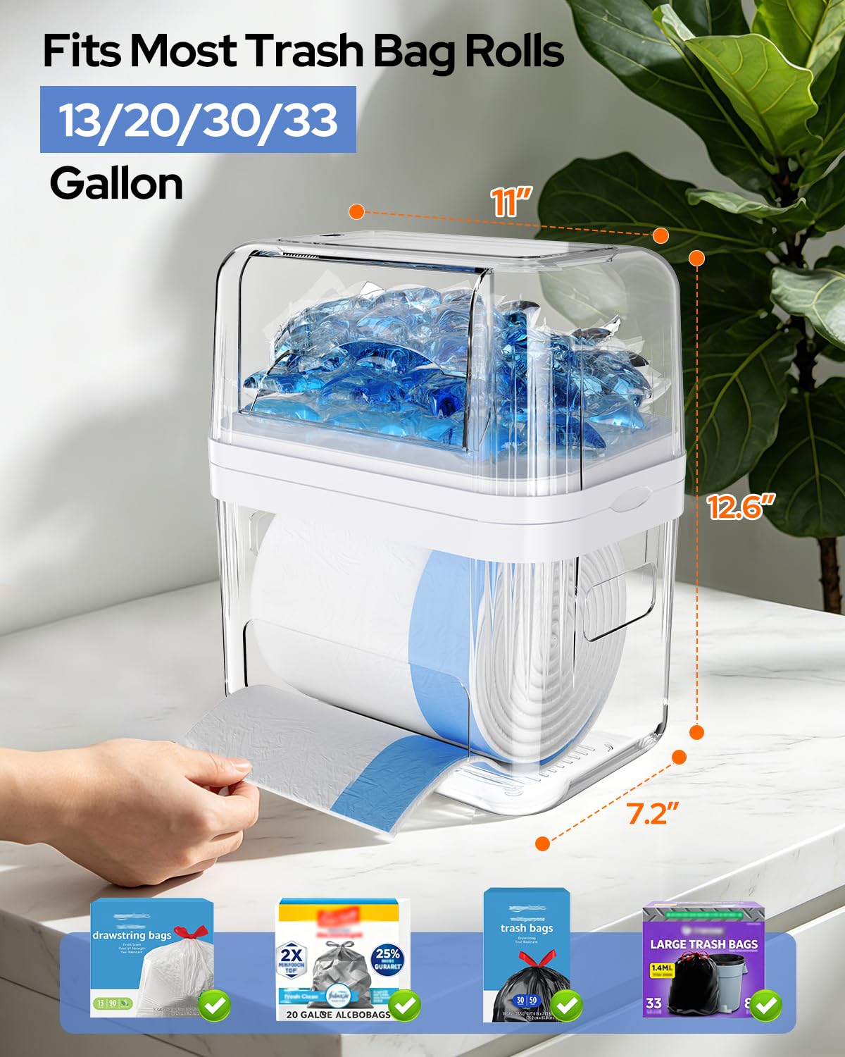 YGKATING Trash Bag Dispenser & Dishwasher Pods Container, 3 in 1 Clear Acrylic Garbage Bags Holder Under Sink Organizer Laundry Pods Dishwasher Tabs Storage Box for Laundry Room and Kitchen Cabinet