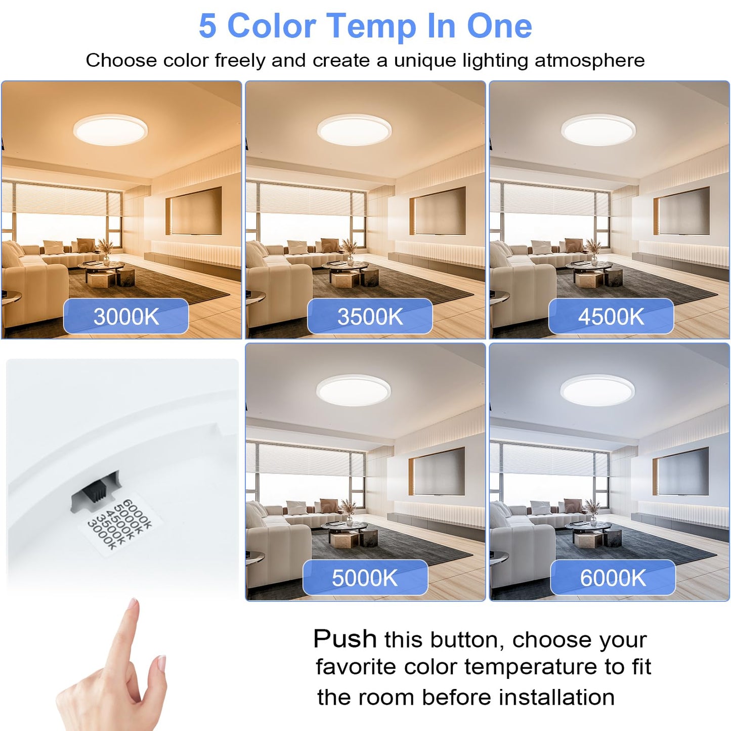 hunhun 16 Inch Dimmable LED Flush Mount Ceiling Light 4800LM Round Light Fixture 5 Color Temperature Selectable Super Slim Large Flat Ceiling Lamp for Living Dining Room White