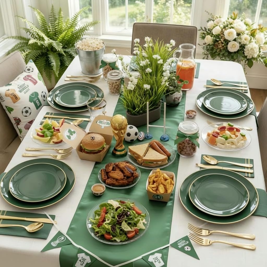 NOCCUR 350PCS Green Plastic Plates - Disposable Green Gold Dinnerware Set for 50 Guests, 100 Dinner/Dessert Plates, 150 Gold Silverware, 50 Cups&50 Napkins for Party ＆ Wedding ＆ World Cup 2026