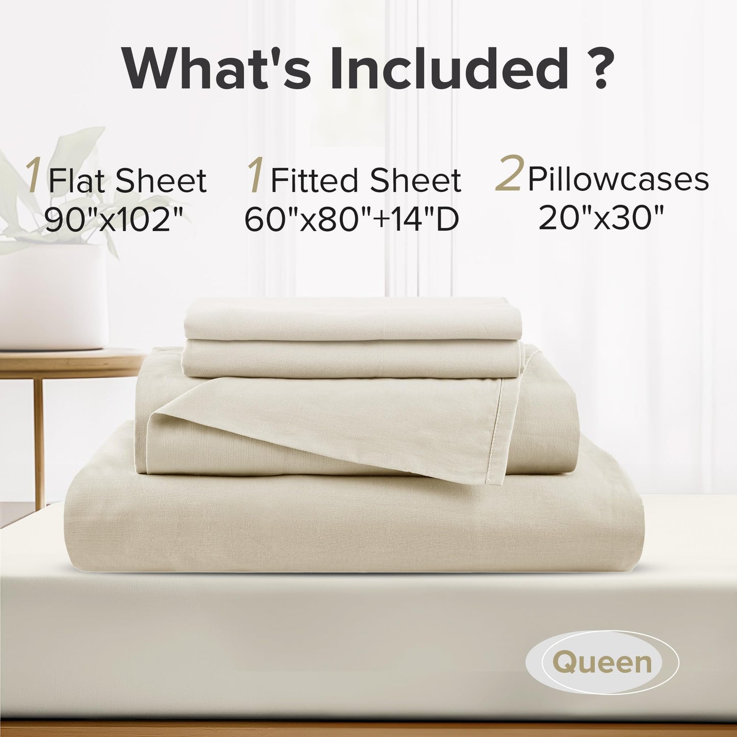Comfort Spaces 100% Cotton Sheets Queen, Breathable & Ultra Soft Cotton Sheets, Naturally Cool Cotton Bed Sheets with 14" Elastic Pocket Fits up to 16" Mattress, All Seasons Sheet Set, Cream 4 Piece