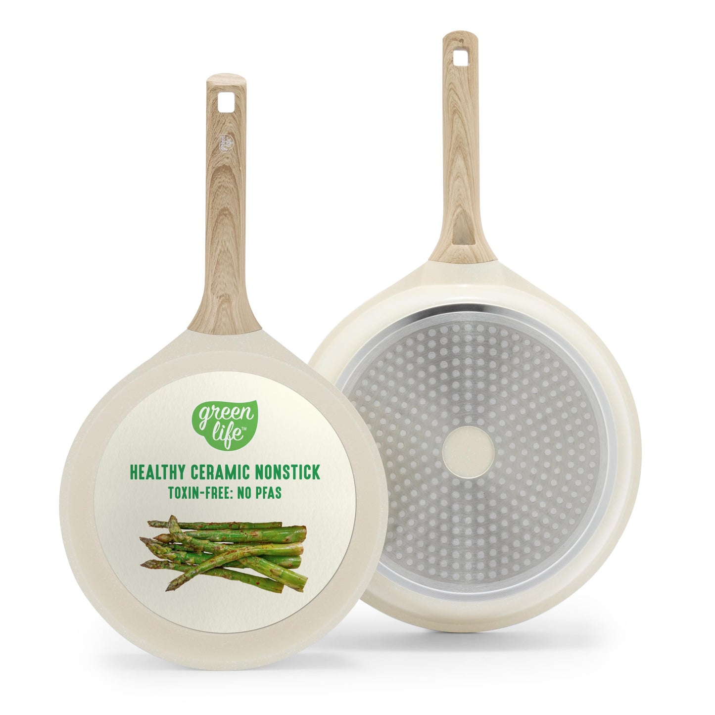 GreenLife Nonstick 2 Piece Frying Pan Set, 9.5" & 11" Skillets Ceramic PFAS-Free Nontoxic, Induction Suitable, Wood Print Handles, Stay-Cool Handles, Deep Cooking Skillets, Egg Pan, Granite Cream