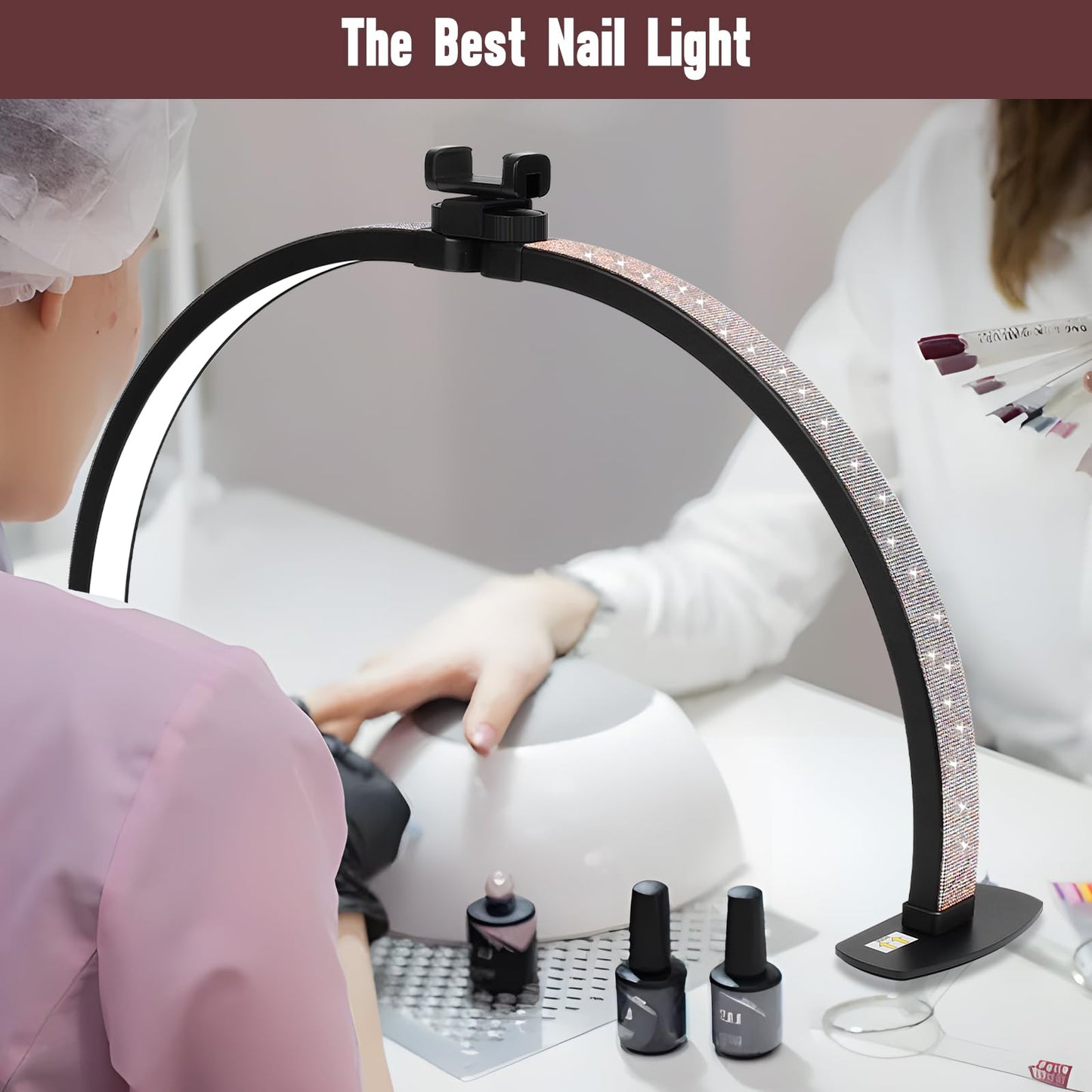Half Moon Light for Nail Desk with Phone Holder, 28IN Folding Half-moon Lamp with Shinning Diamond, LED Light for Manicure, Eyelash Extension, Tattooing, Skin Management, Color Temperature 3000-6500K