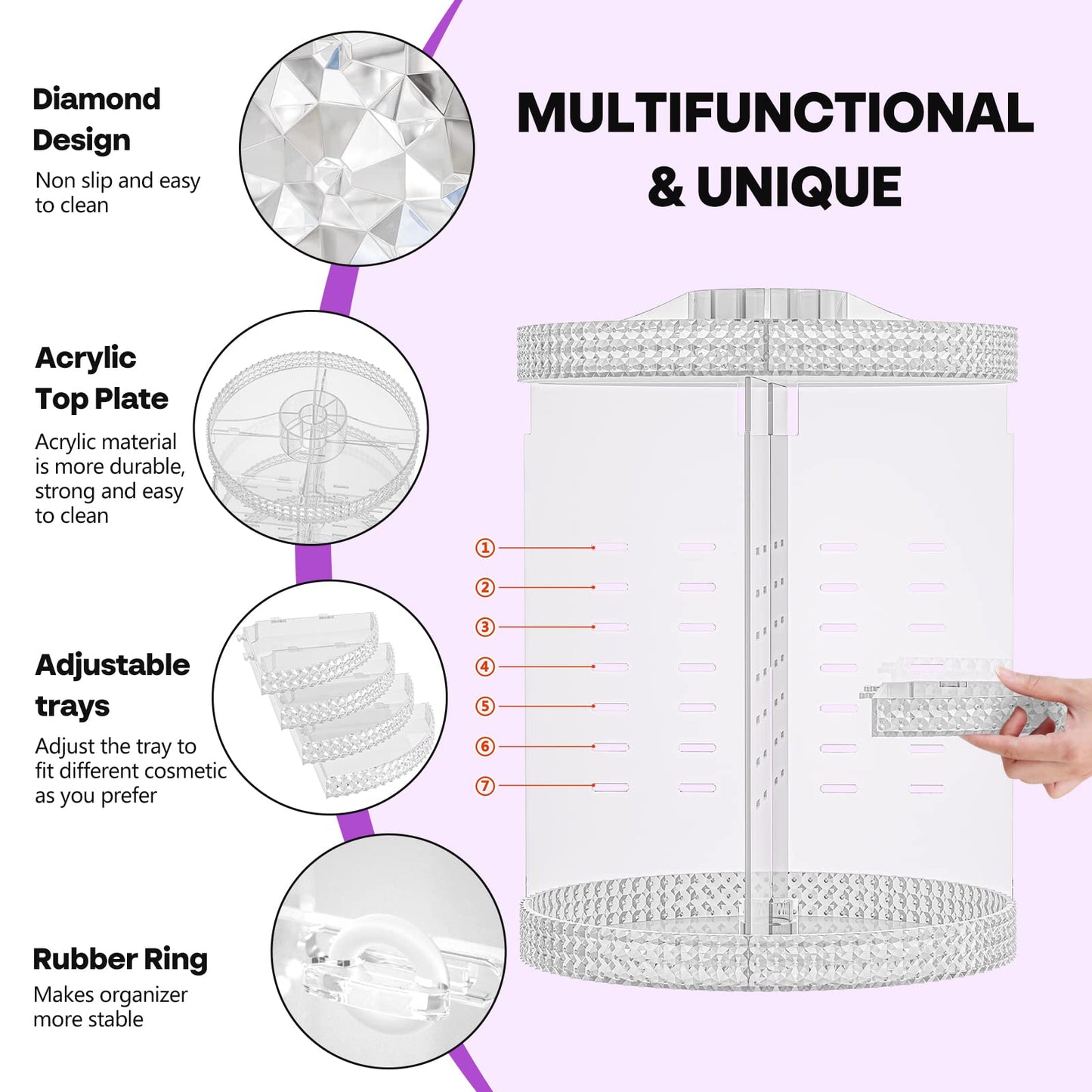 HEMTROY 360 Degree Rotating Makeup Organizer, Extra Large Capacity Perfume Organizer, Removable DIY 7 Layers Make up Organizer for vanity, Cosmetic Display Case Organizador De Maquillaje (Clear)