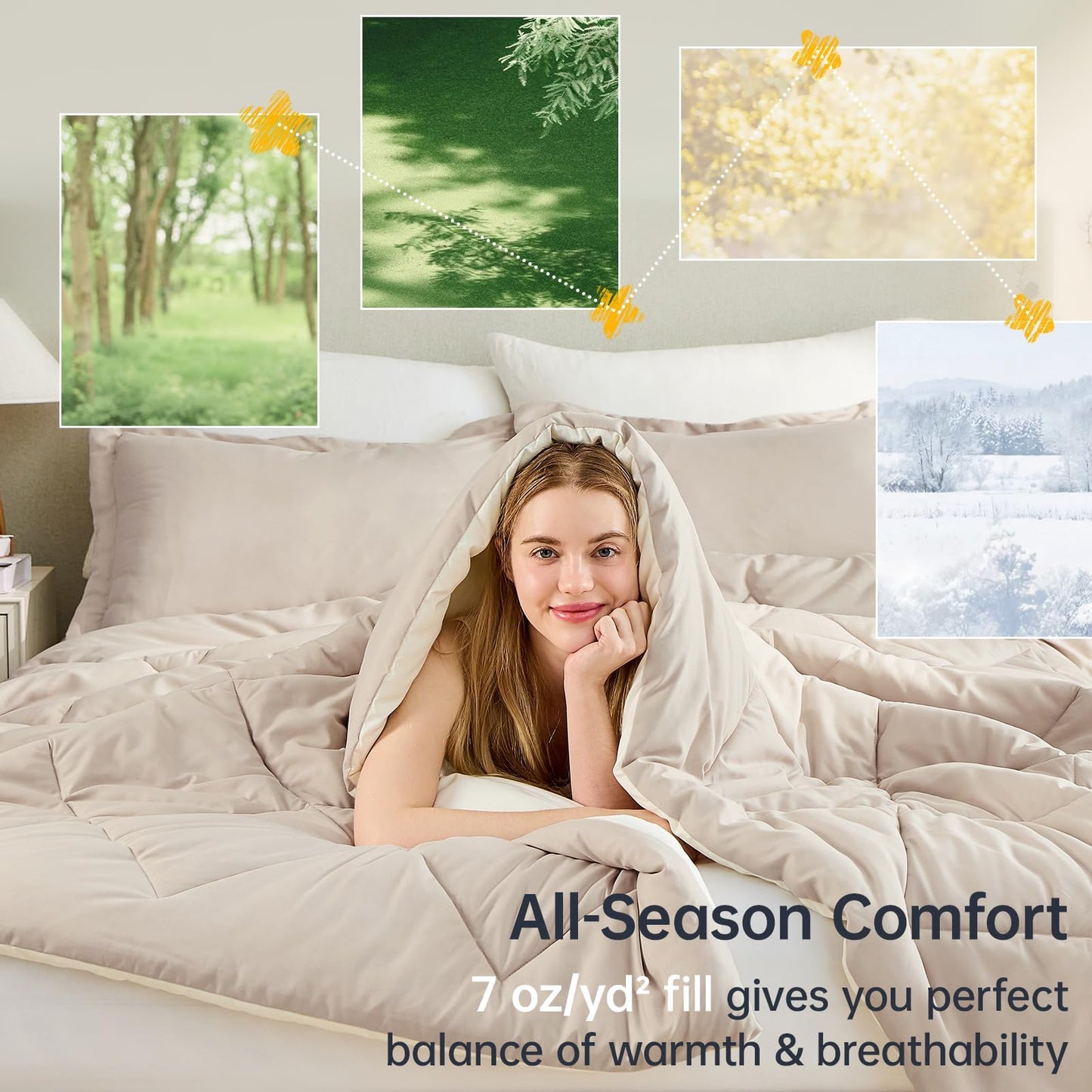 JOLLYVOGUE King Size Comforter Set, Soft Reversible Bedding for All Seasons, 3 Pieces Down Alternative Bed Set Includes 1 Lightweight Comforter (104"x90") and 2 Pillow Shams (20"x36"), Beige & Ivory