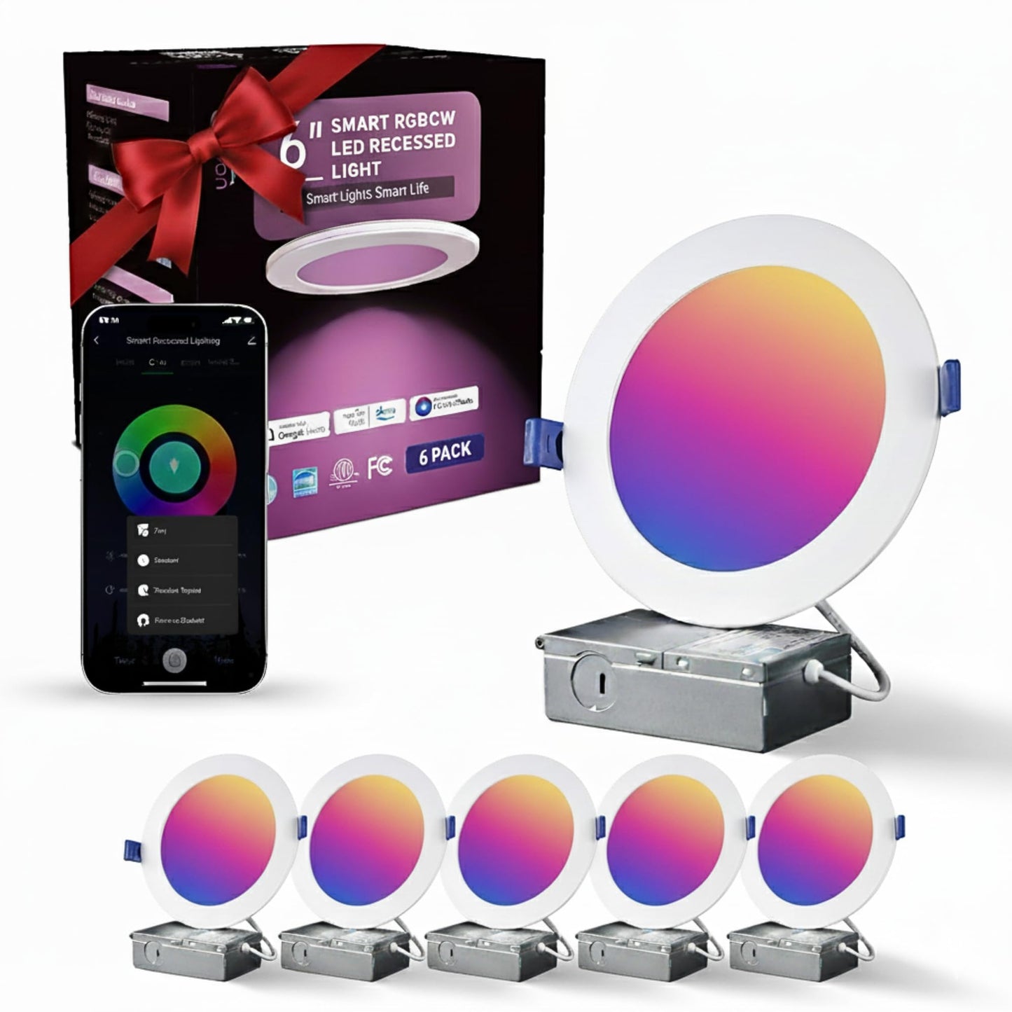Oizuon LED Recessed Lighting 6 Inch – 96 LED 5CCT 2700K–6500K Canless Wafer Downlight 16M Colors, Music Sync, Smart App & Voice Control, 1100 Lumens Dimmable RGBCW, Timer for Home & Kitchen – 6 Pack