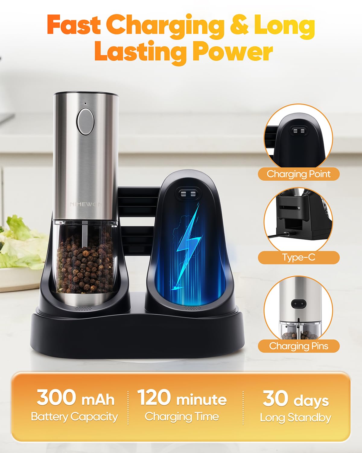 NIHEWON Electric Salt and Pepper Grinder Set with LED Light, Rechargeable Salt and Pepper Shakers with 5 Adjustable Coarseness, Upgraded Large Capacity, Stainless Steel, Storage & Charging Base