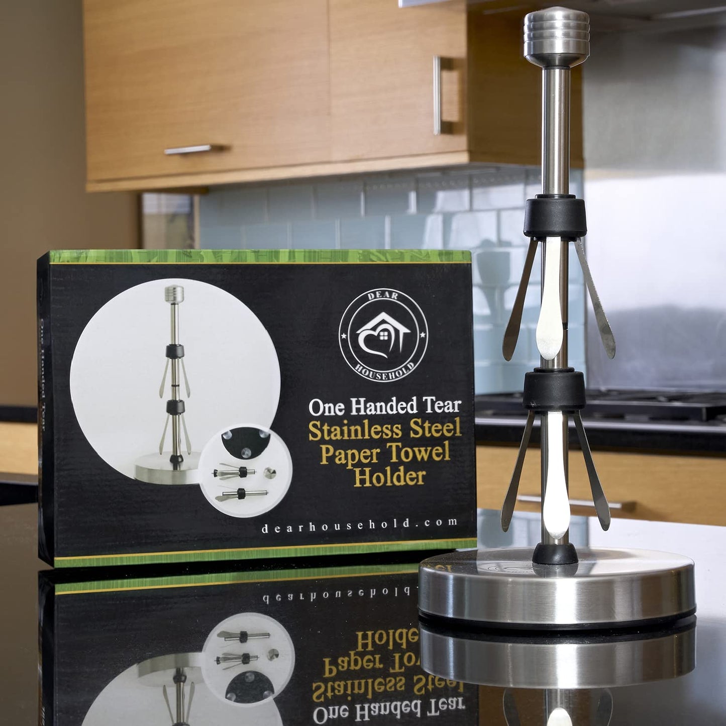 Stainless Steel Paper Towel Holder Designed for Easy One-Handed Operation - This Sturdy Weighted Paper Towel Dispenser Countertop Model Has Suction Cups and Holds All Paper Towel Rolls