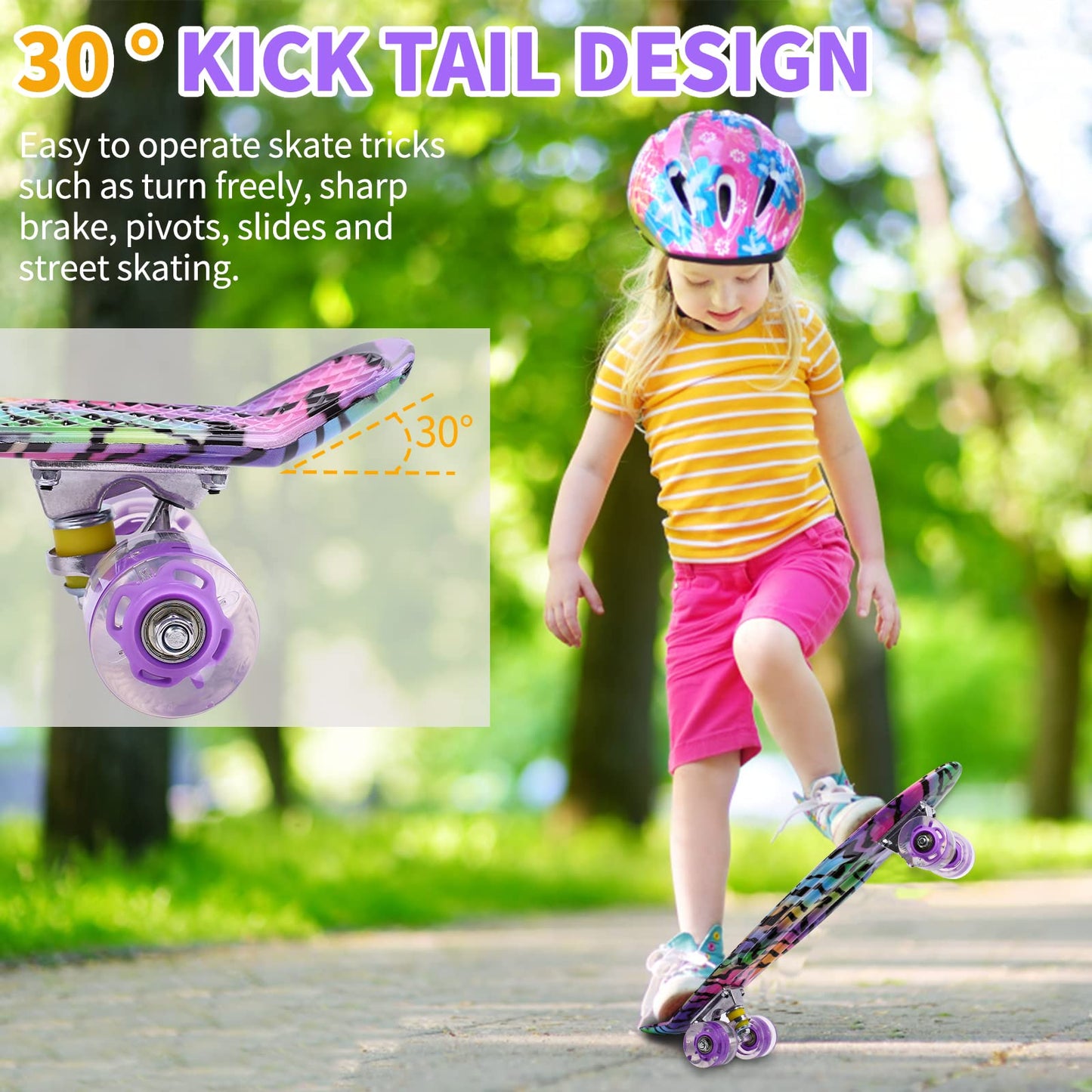 Kqpoinw Kids Skateboard,22" Complete Skateboards for Kids,Teens,Girls,Beginners,Skate Board,Purple Skateboards with Colorful LED Light up Wheels,Skate Tool, Ideal Gift for Girls,Kids