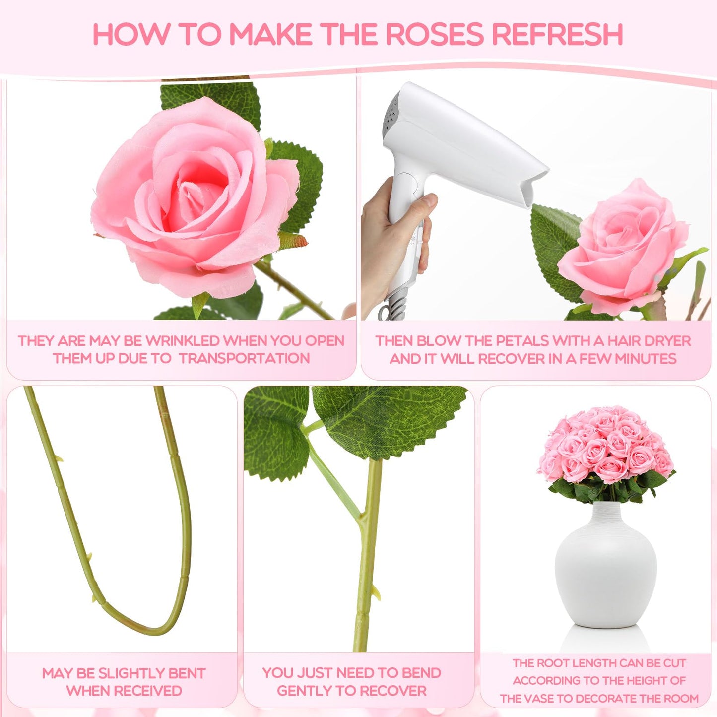 Jexine 100 Pieces Artificial Roses Flowers Bulk, Long Stem Realistic Fake Silk Roses Bouquet for Table Centerpiece Vases Wedding Party Home Kitchen Decor (Pink)