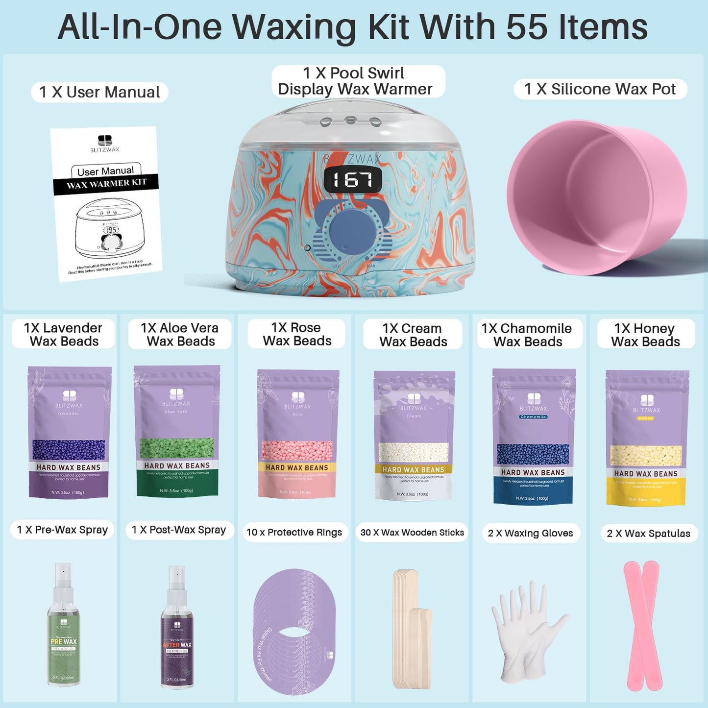 BLITZWAX Brazilian and Bikini Waxing Kit for Women, Hard Wax Warmer for Face, Legs and Body, At Home Hair Removal Kit, Beginner Friendly, Effective on Coarse Hair, Pool Swirl Design
