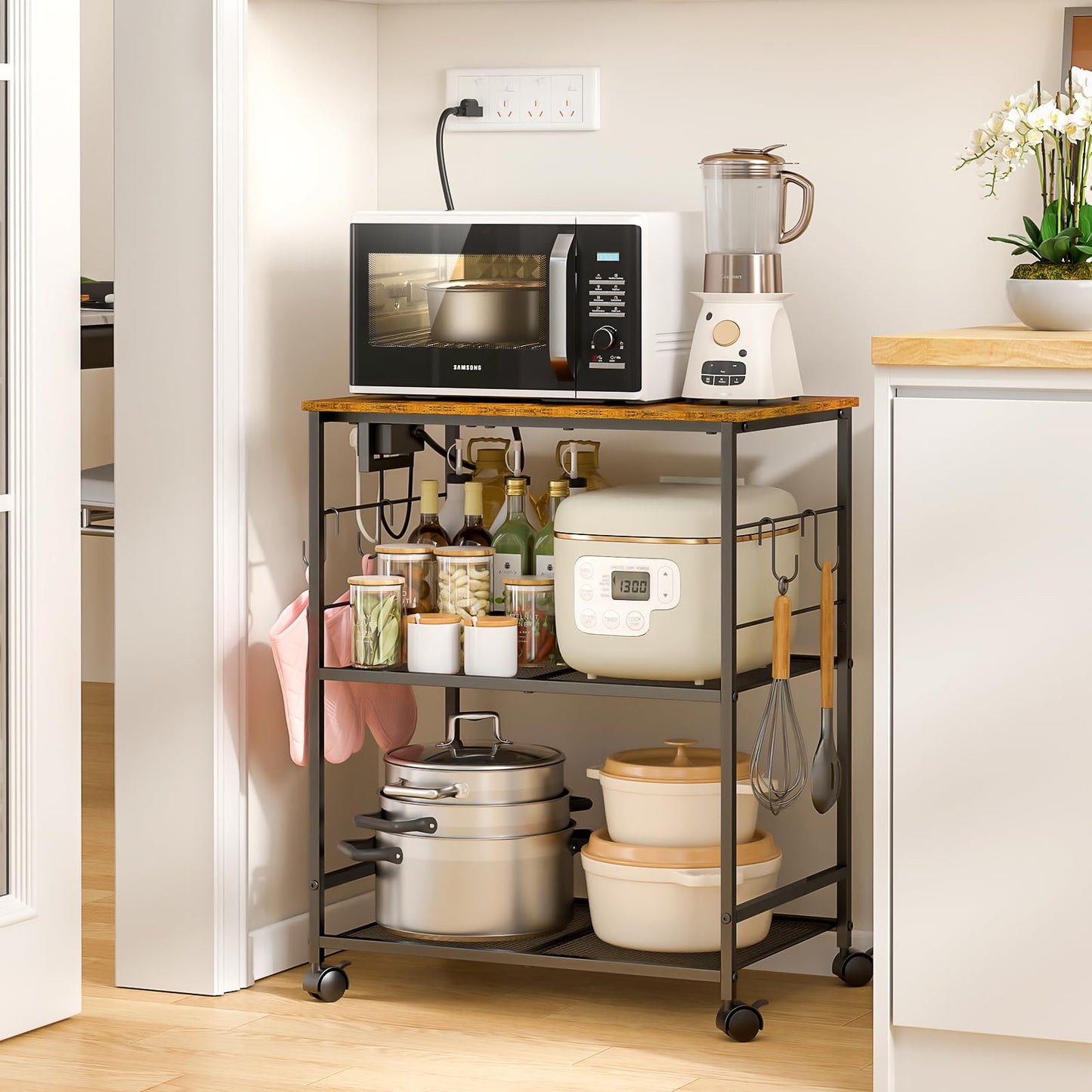 ThreeHio Rolling Kitchen Microwave Cart with Power Outlet, 3 Tier Microwave Table Stand with Storage, Kitchen Utility Cart on Wheels, Small Coffee Cart Shelf Rack Organizer for Living Room Office