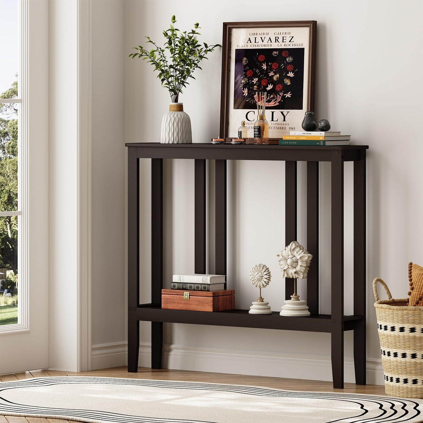 ELYKEN Bamboo 2-Tier Narrow Console Table, 36.2" Long Slim Sofa Table Behind Couch for Entryway, Hallway, Living Room, Brown