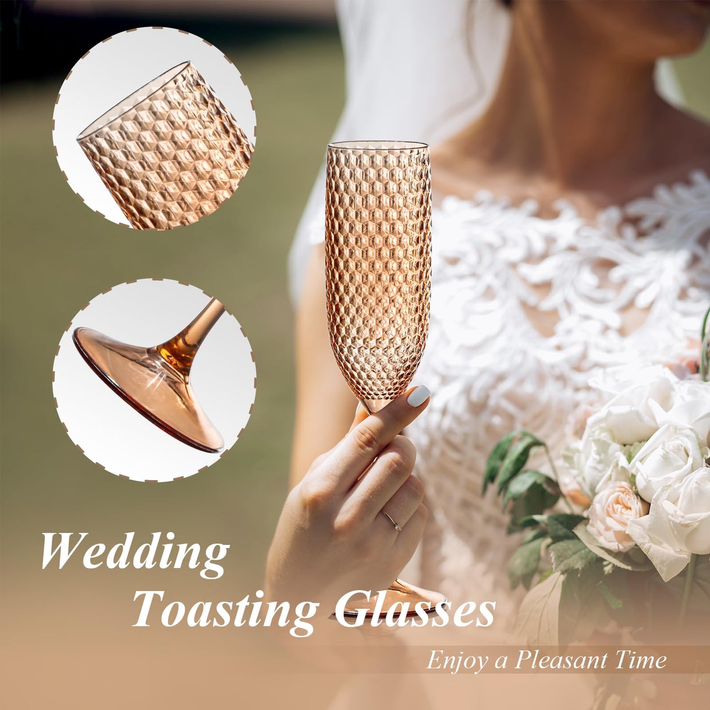 24 Pack Plastic Champagne Flutes Rose gold Champagne Glasses Unbreakable Wedding Toasting Glasses Diamond Wine Glasses Crystal Clear Party Wine Cups Vintage Drinking Glasses 5.5 OZ for Bridal Shower